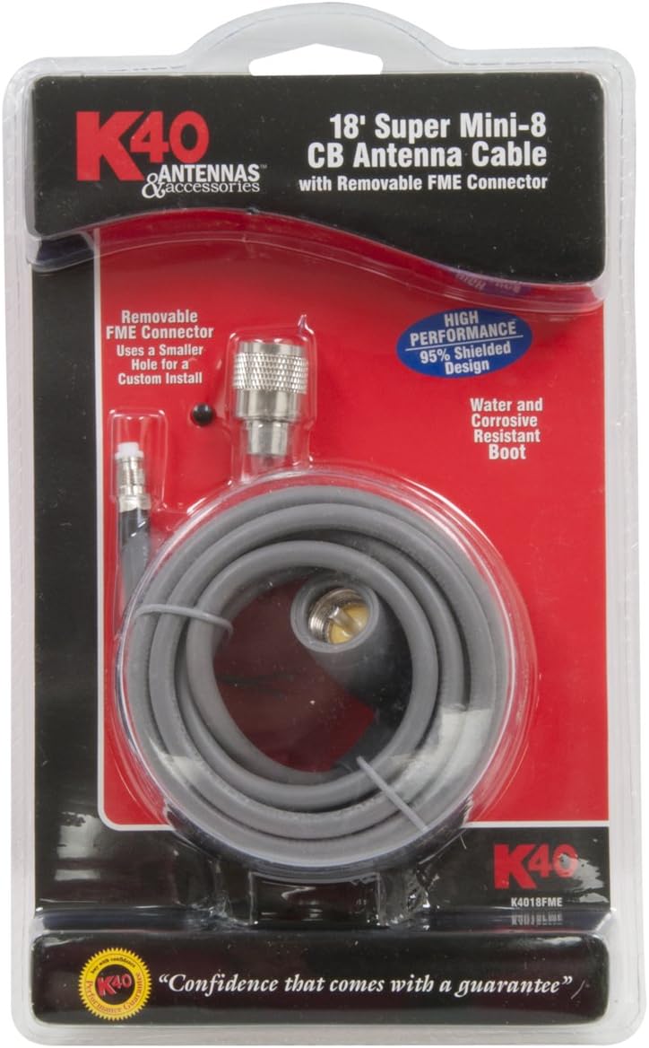 K40 K4018FME 18ft Super Mini-8 CB Antenna Cable with Removable FME Connector, Black