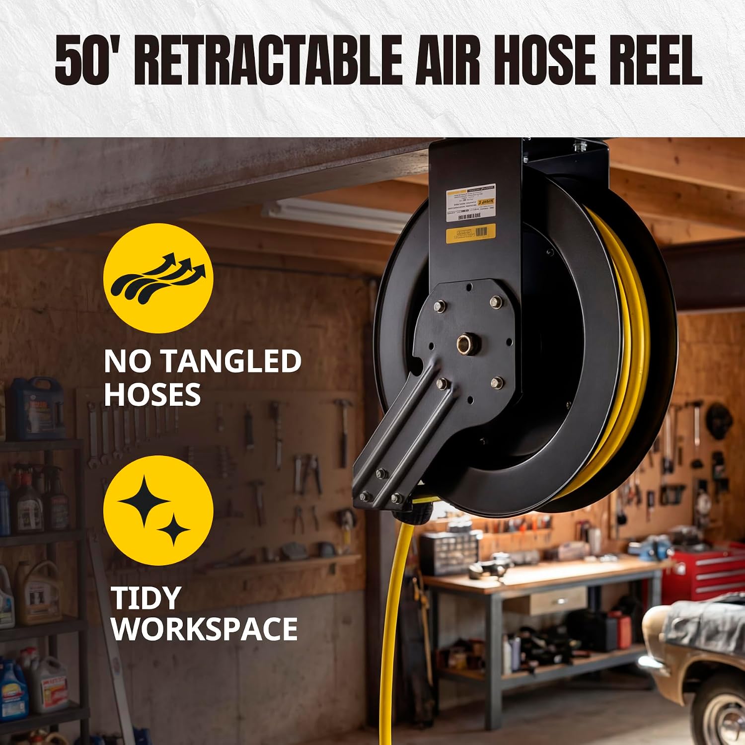 MaxWorks 50 Foot Auto Rewind Retractable Air Hose Reel with 3/8" Rubber Hose 250 PSI Heavy Duty Steel Spring Multi Position Ratchet and Solid Brass Fittings for Garage and Workshop (80720)
