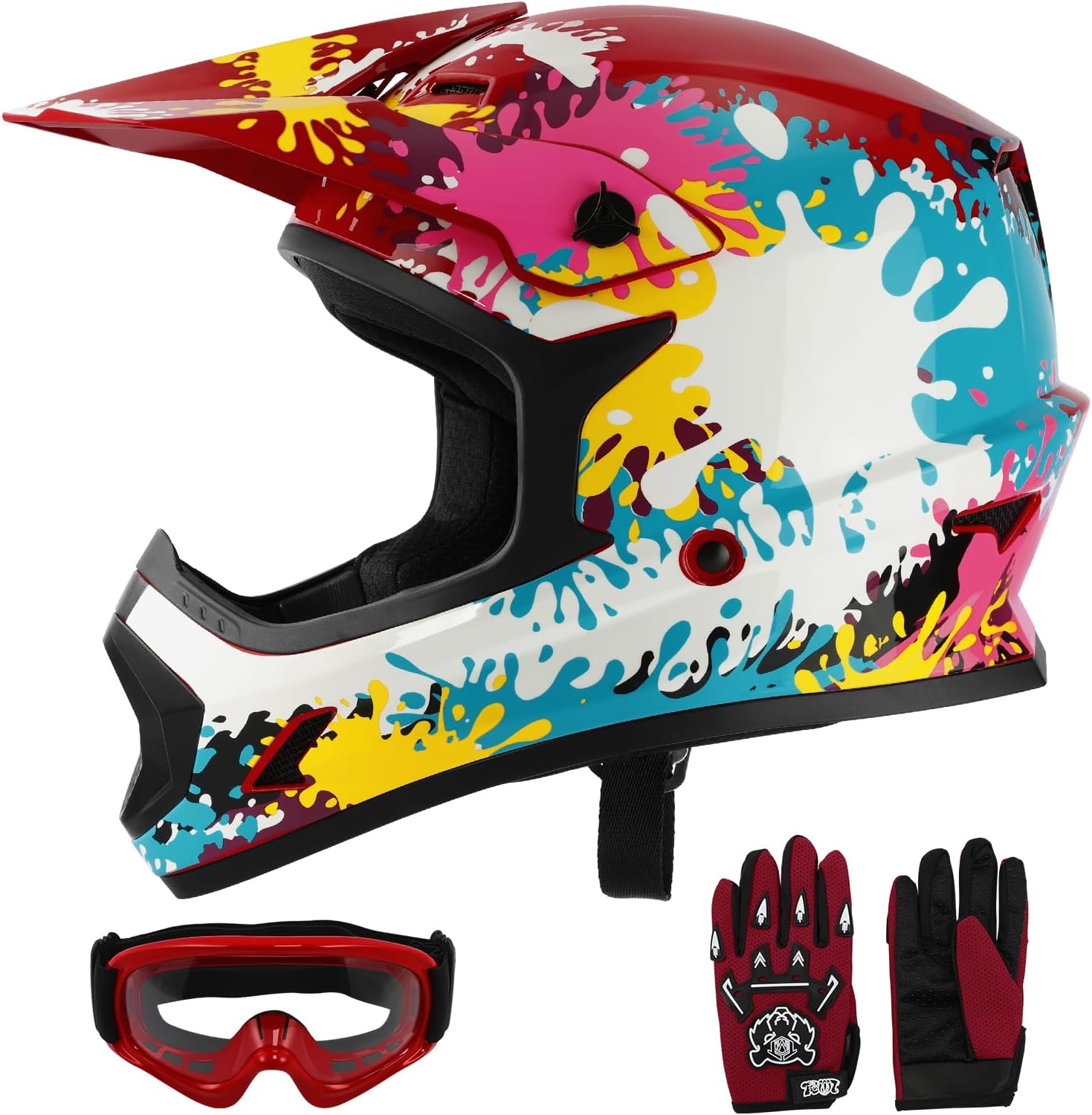 SLMOTO ATV Helmets for Kids Youth DOT Motocross Offroad Street Helmet Motorcycle Blue Helmet Dirt Bike Motocross Helmet+Goggles+Gloves