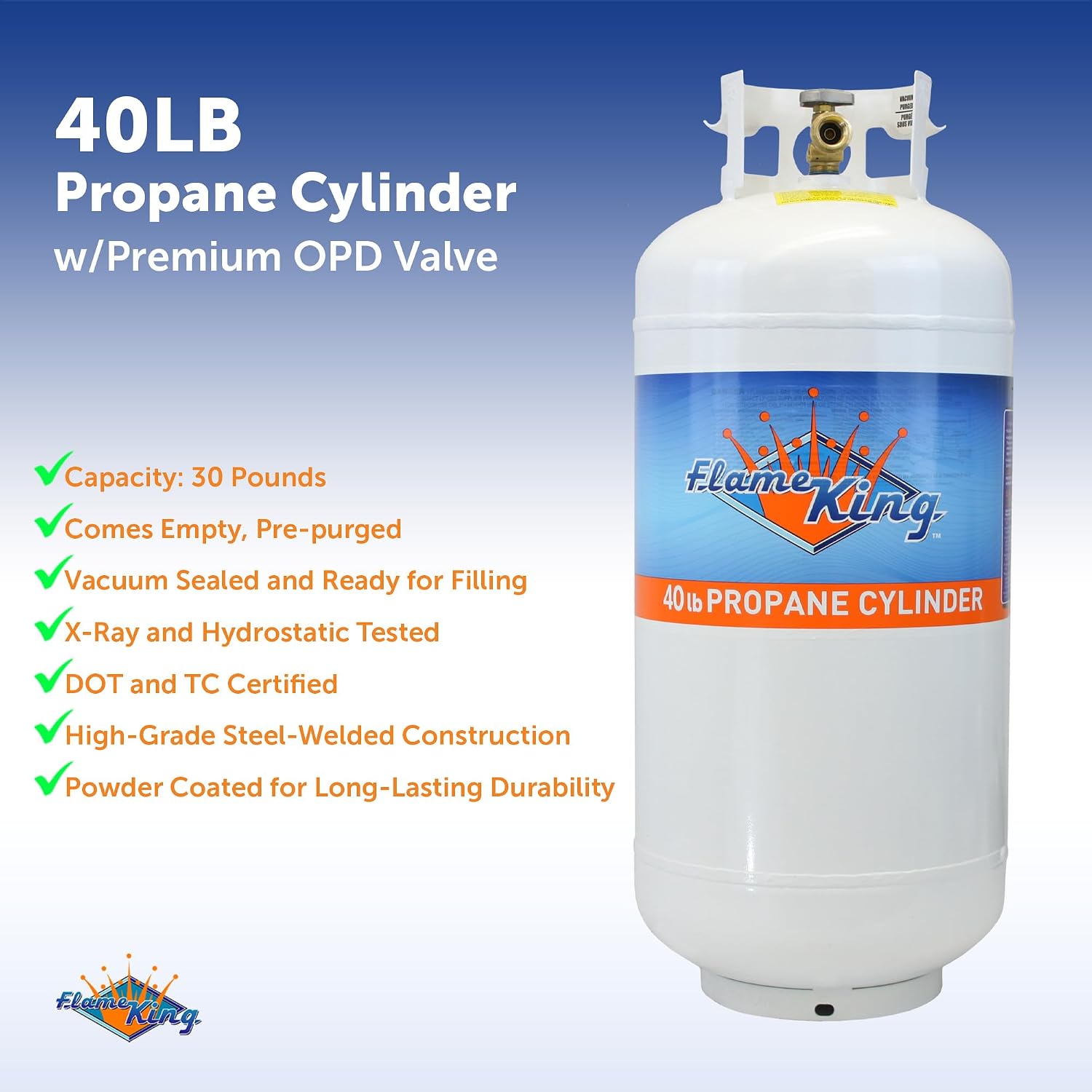 Flame King YSN401a 40 Pound Steel Propane Tank Cylinder with Overflow Protection Device Valve,White