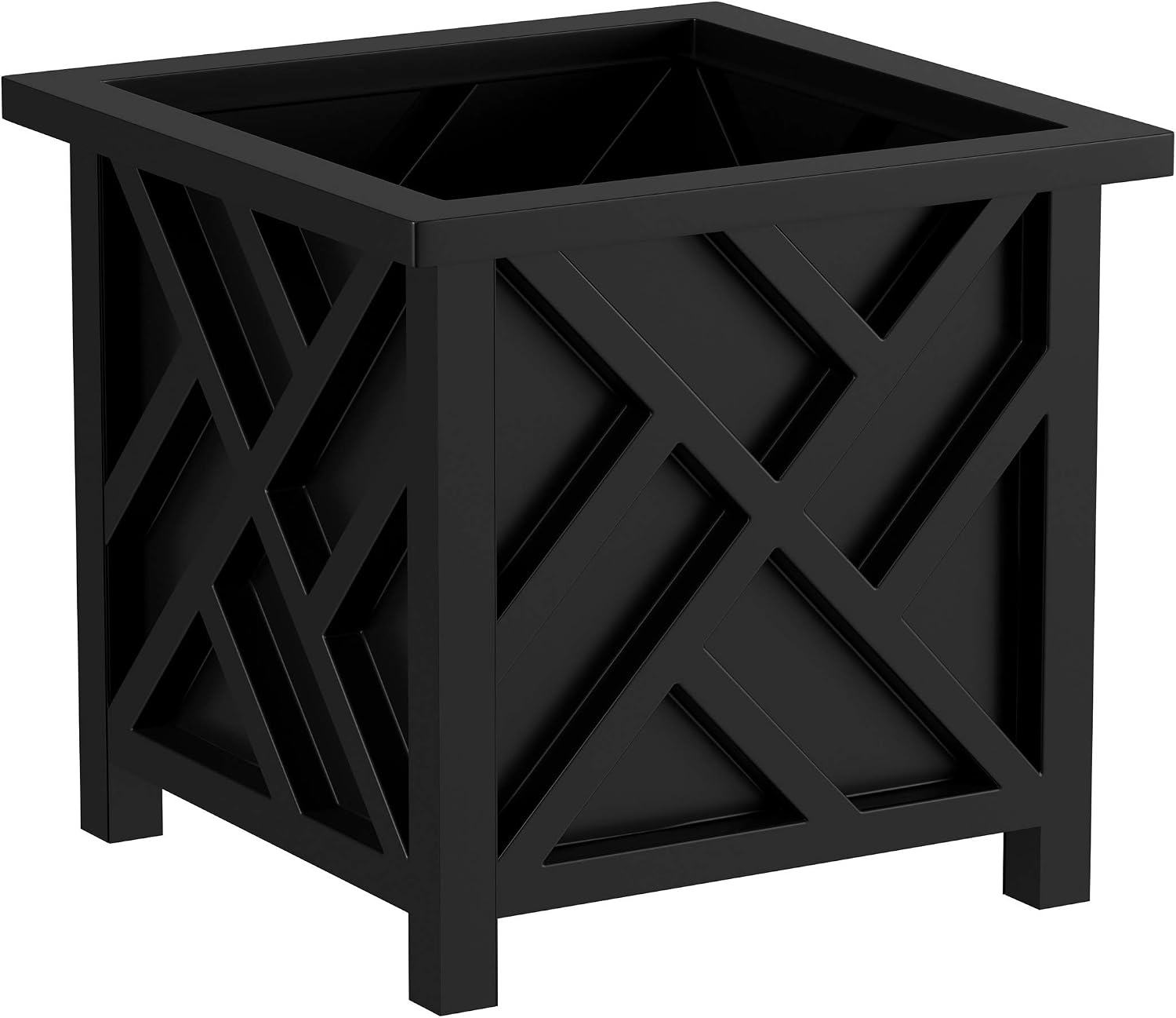 Lattice Design Outdoor Planter Box - 14.75” Square 13” Tall Black Plant Pot - Decorative Plant Pots for Front Porch Decor - Flower Pots Outdoor