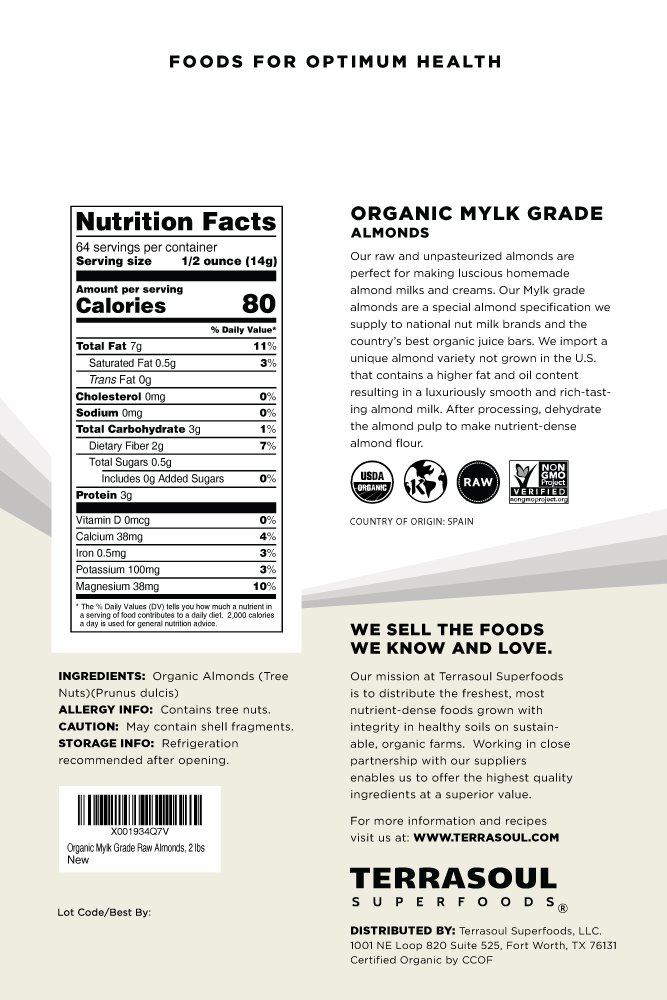 Terrasoul Superfoods Raw Unpasteurized Organic Almonds (Mylk Grade), 6 Pounds