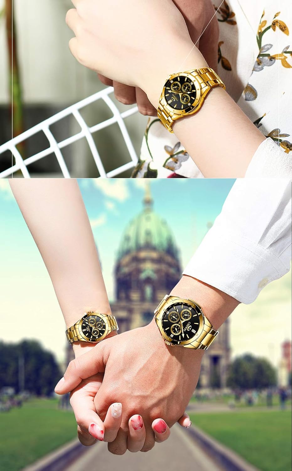 DREAMING Q&P Fq-005 Classic Style Gold Stainless Steel Mens Wrist Watches with Crystals for Man
