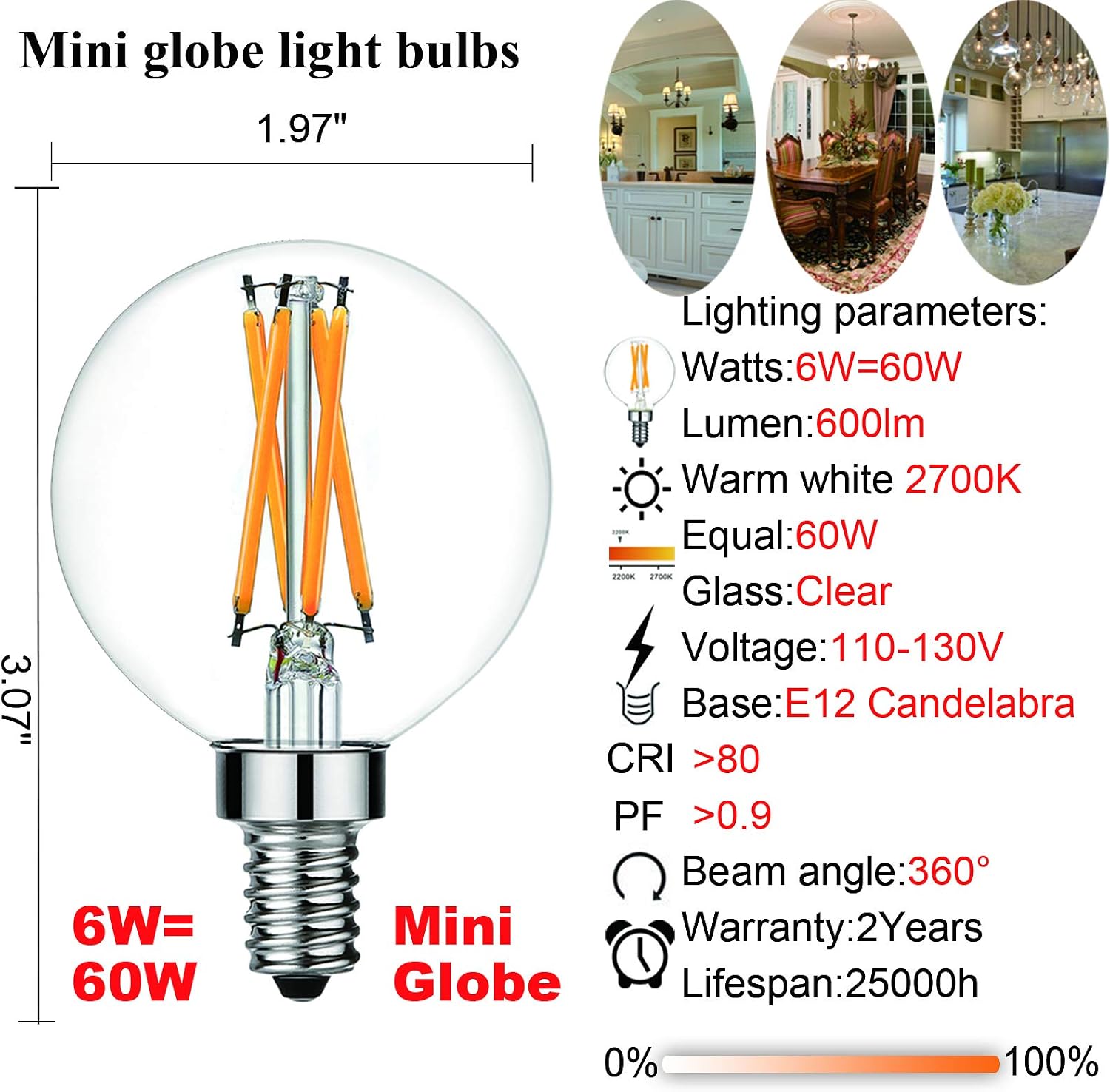 Litehistory e12 led bulb dimmable g16.5 Light Bulb 4W Equal 40 Watt 400lm AC120V e12 Candelabra Bulb 40 Watt for Chandeliers,Ceiling Fan,Vanity Warm White 2700K Globe candelabra Light Bulb 6Pack