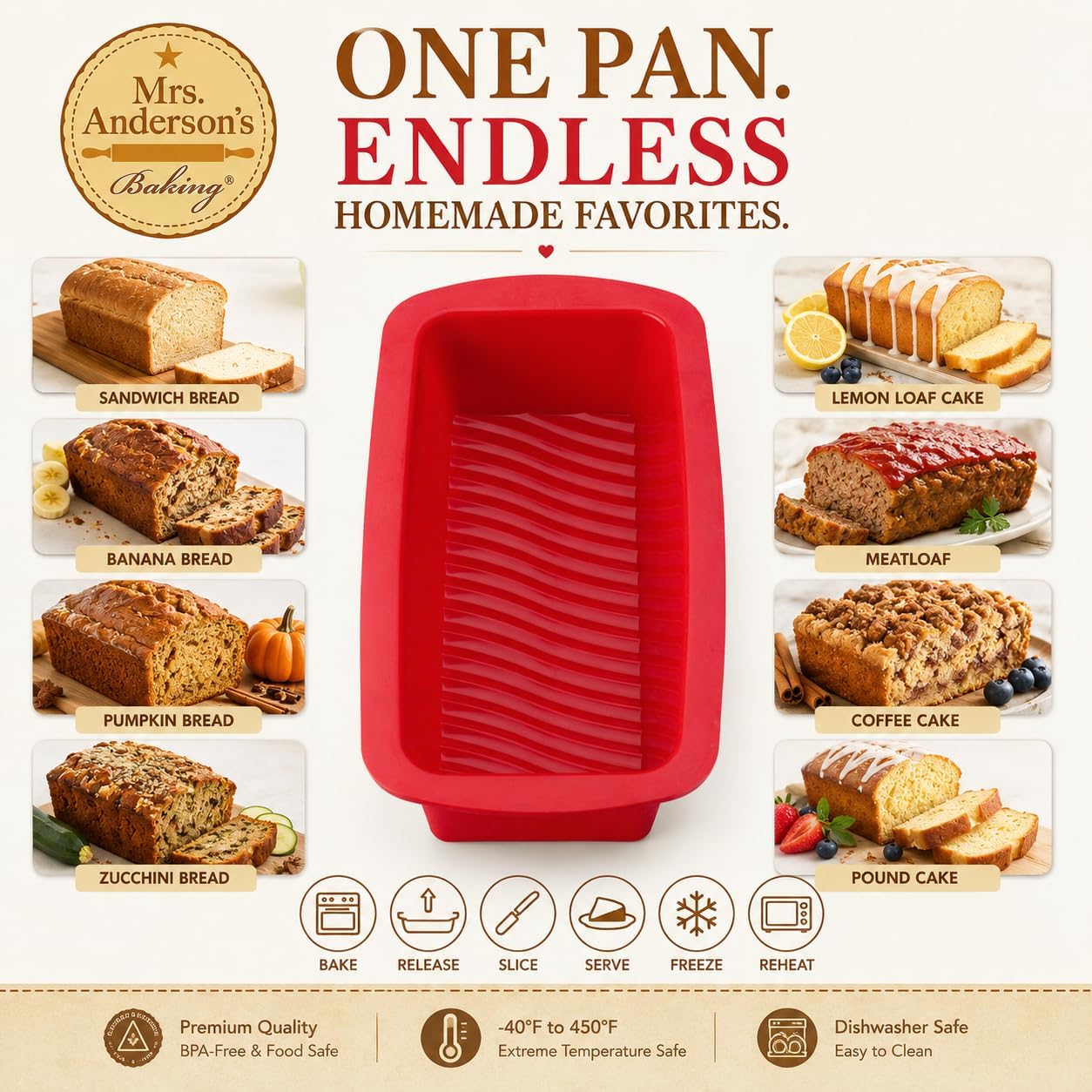 Mrs. Anderson's Baking Silicone Loaf Bread Pan, Non-Stick European-Grade Silicone