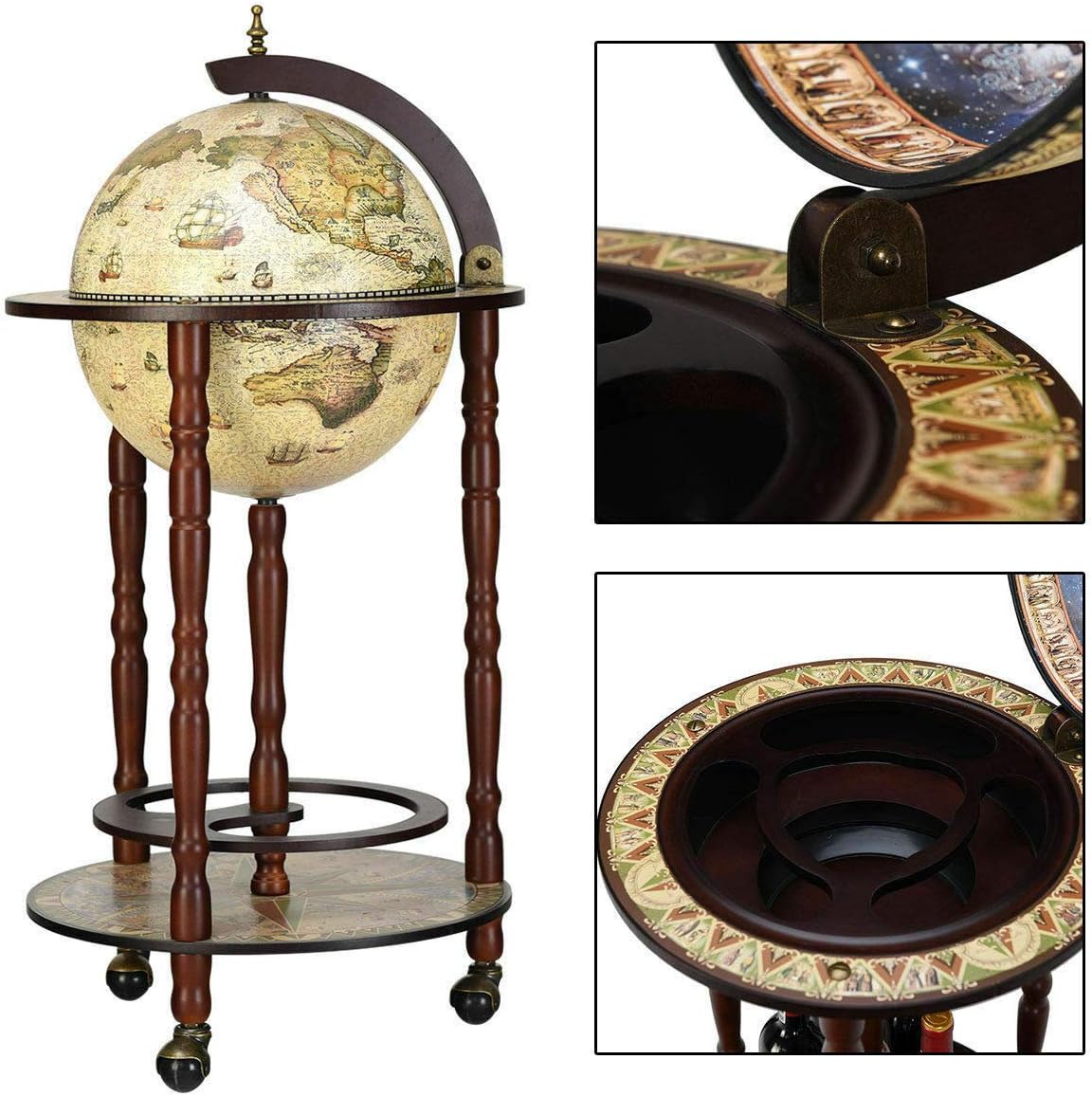 17" Wood Globe Wine Bar Stand Liquor Bottle Shelf Cart 16th Century Italian Rack