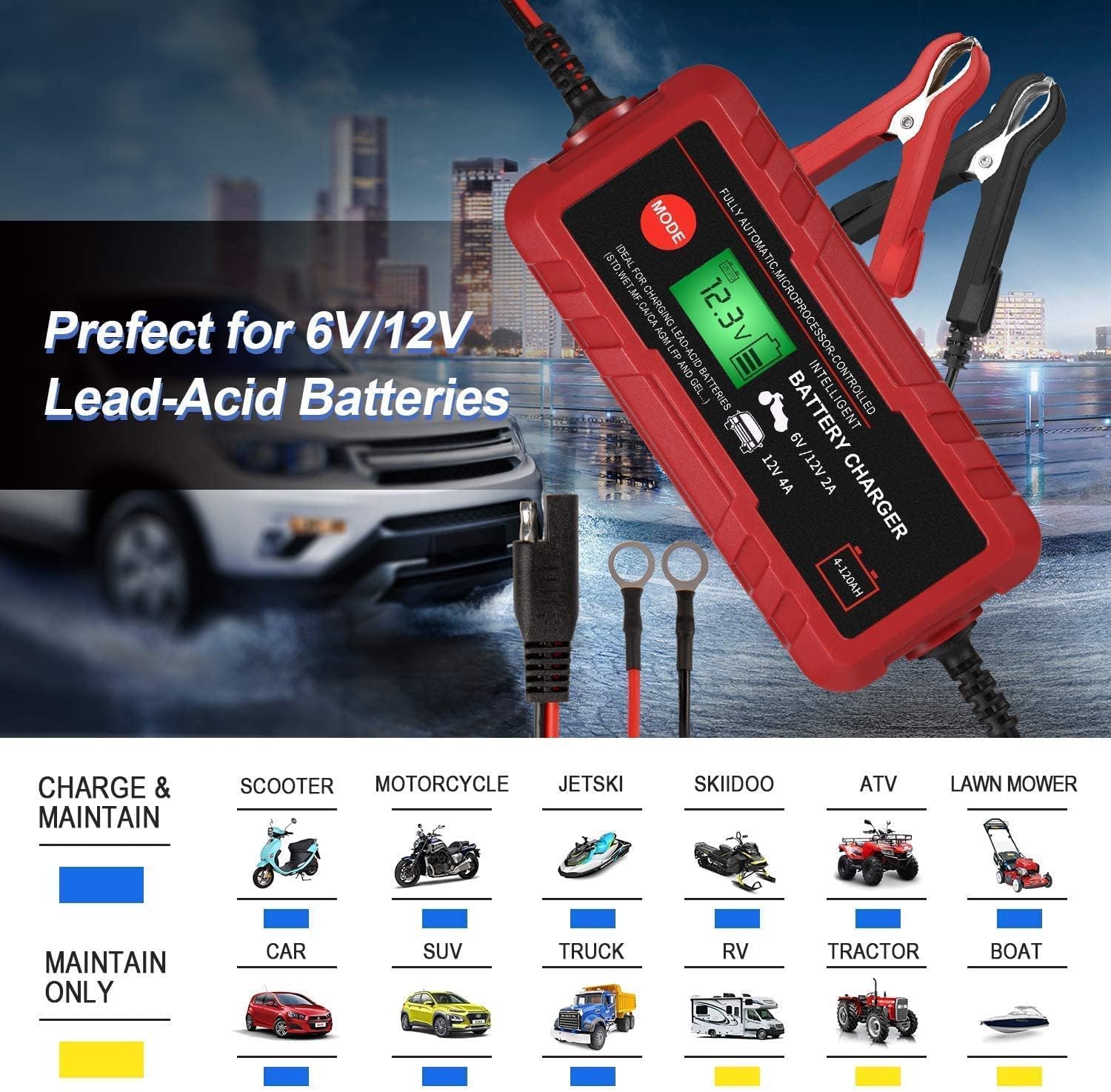 4A Smart Car Battery Charger, 6V 12V Automotive Charger Maintainer