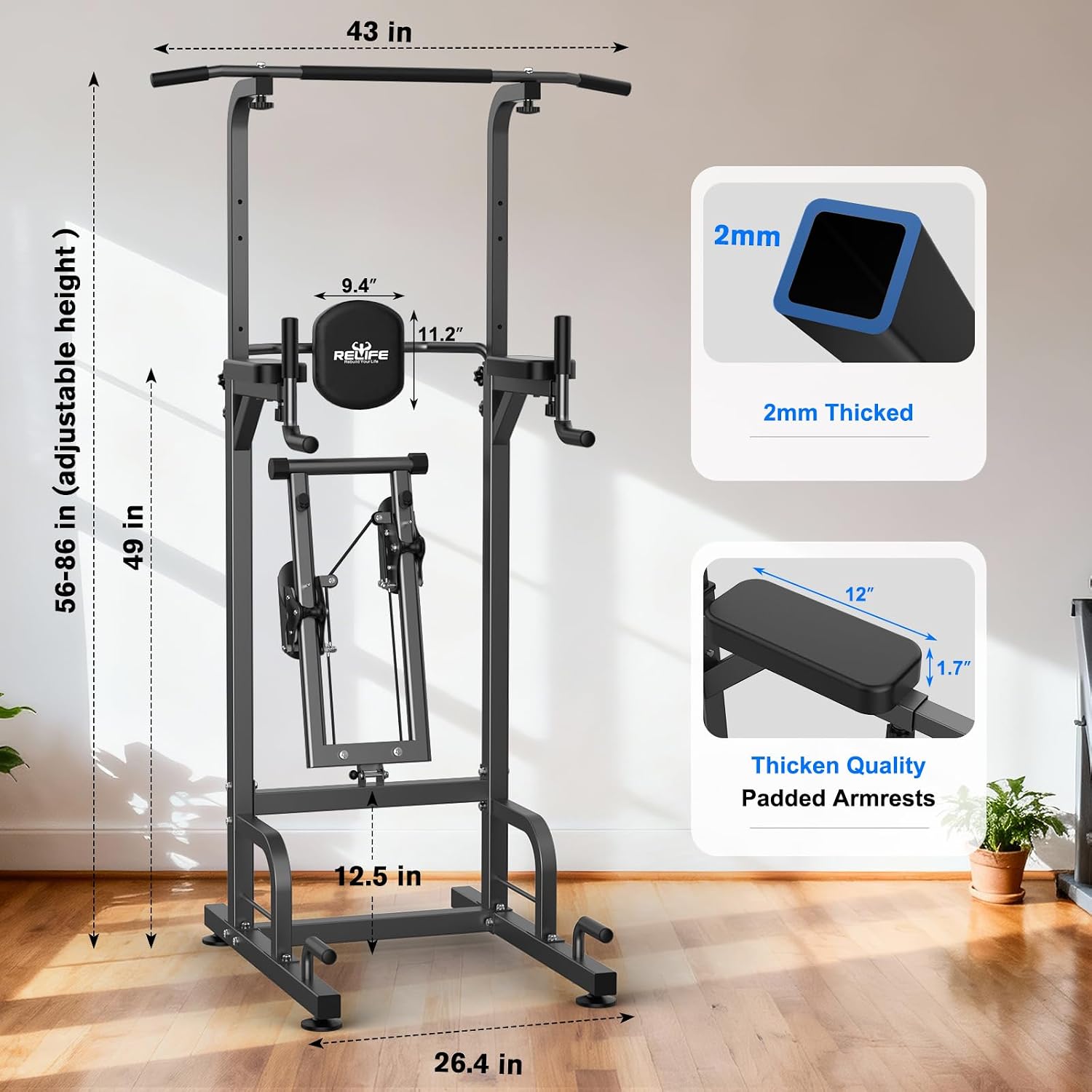 RELIFE REBUILD YOUR LIFE Pull Up Bar Free Standing Power Tower for Home Gym | Dip Station Pull Up Station, Multi-Function Home Fitness Equipment for Pull-Ups, Dips, Push-Ups, Full Body Strength Training