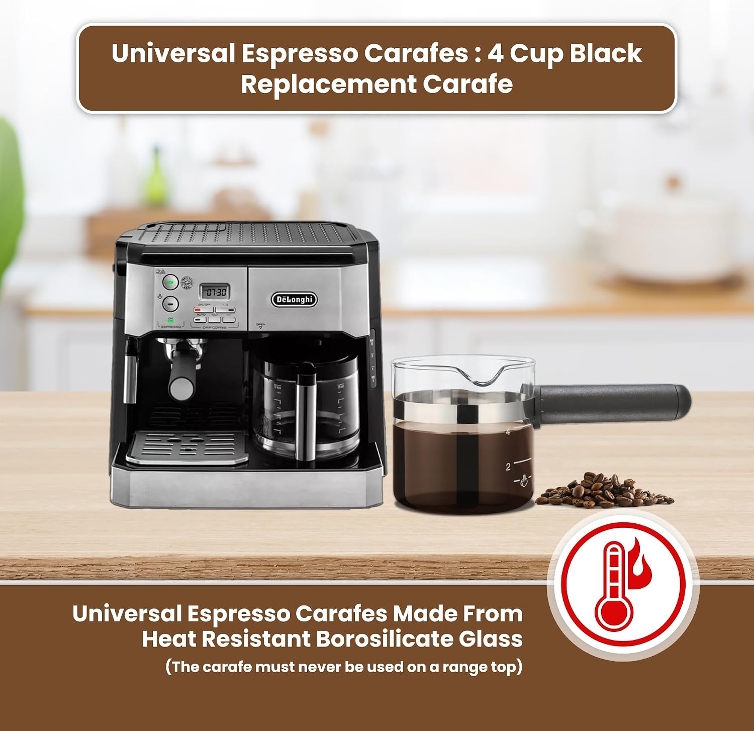Café Brew 4 Cup Espresso Replacement Carafe, Universal, Borosilicate Glass | Universal fit for Hamilton Beach, Mr. Coffee, Breville, De'Longhi, Krups