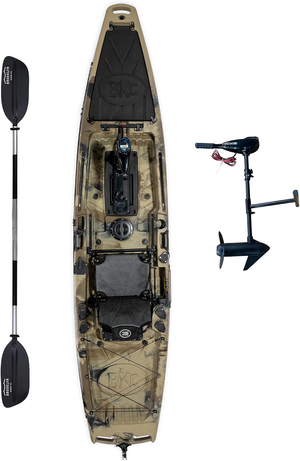 BKC Brooklyn 12.5 Pro Pedal Fishing Kayak, Propeller Drive | Hands-free propeller drive, rudder steering, 550 lb capacity, dry storage, rod holders, 12.5 ft sit-on-top hull