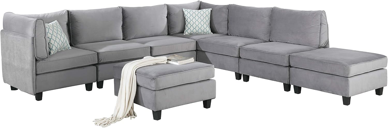 Lilola Home Simona 120-inch Modular Sectional Sofa, Gray Velvet 8-Piece U-Shaped Couch with 2 Ottomans & Accent Pillows