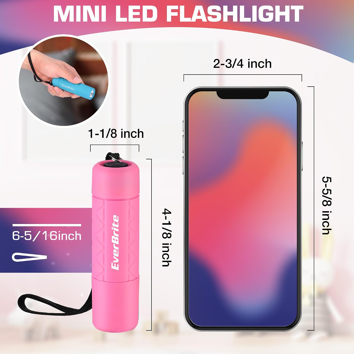 EverBrite Mini Flashlights 6-Pack Mix Colors, Batteries Included | Small, Lightweight, 18 AAA Batteries, 6-Color Set, 9-LED, Wrist Lanyards, for Home, Camping & Emergency use, Holiday Gifts
