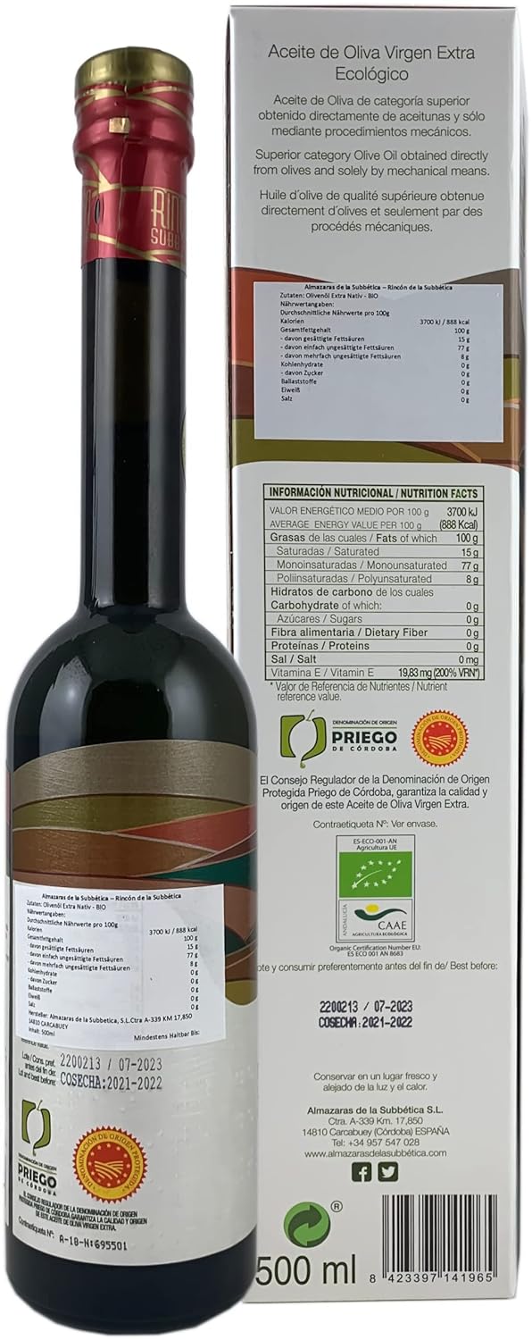 Rincon De La Subbetica- Award Winning, Organic Cold Pressed EVOO Extra Virgin Olive Oil, 16.9-Ounce Glass Bottle
