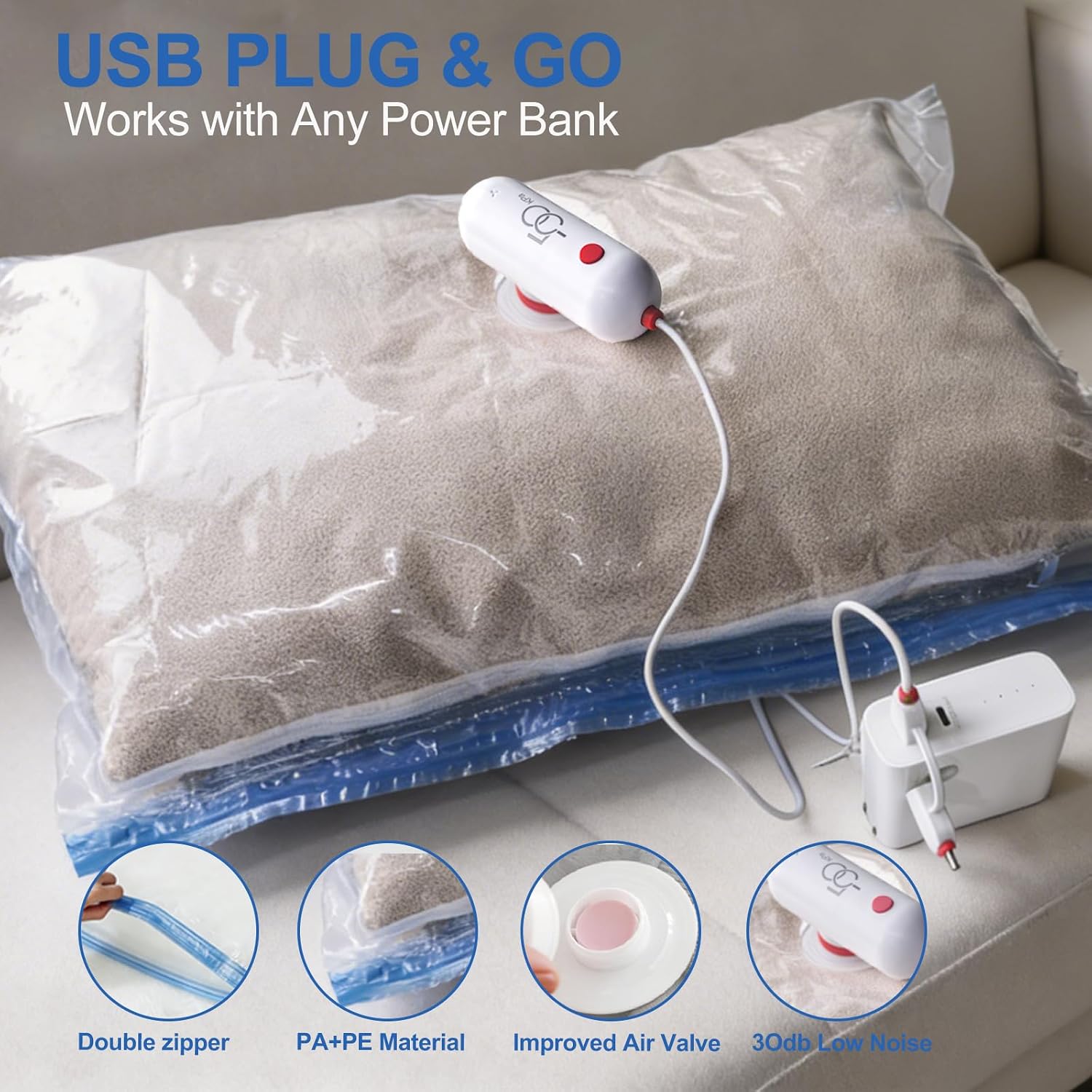 VMstr 15 Pack Travel Vacuum Storage Bags with USB Pump, Vacuum Packing Seal for Luggage and Suitcase, Space Saver for Clothes and Clothing Travel
