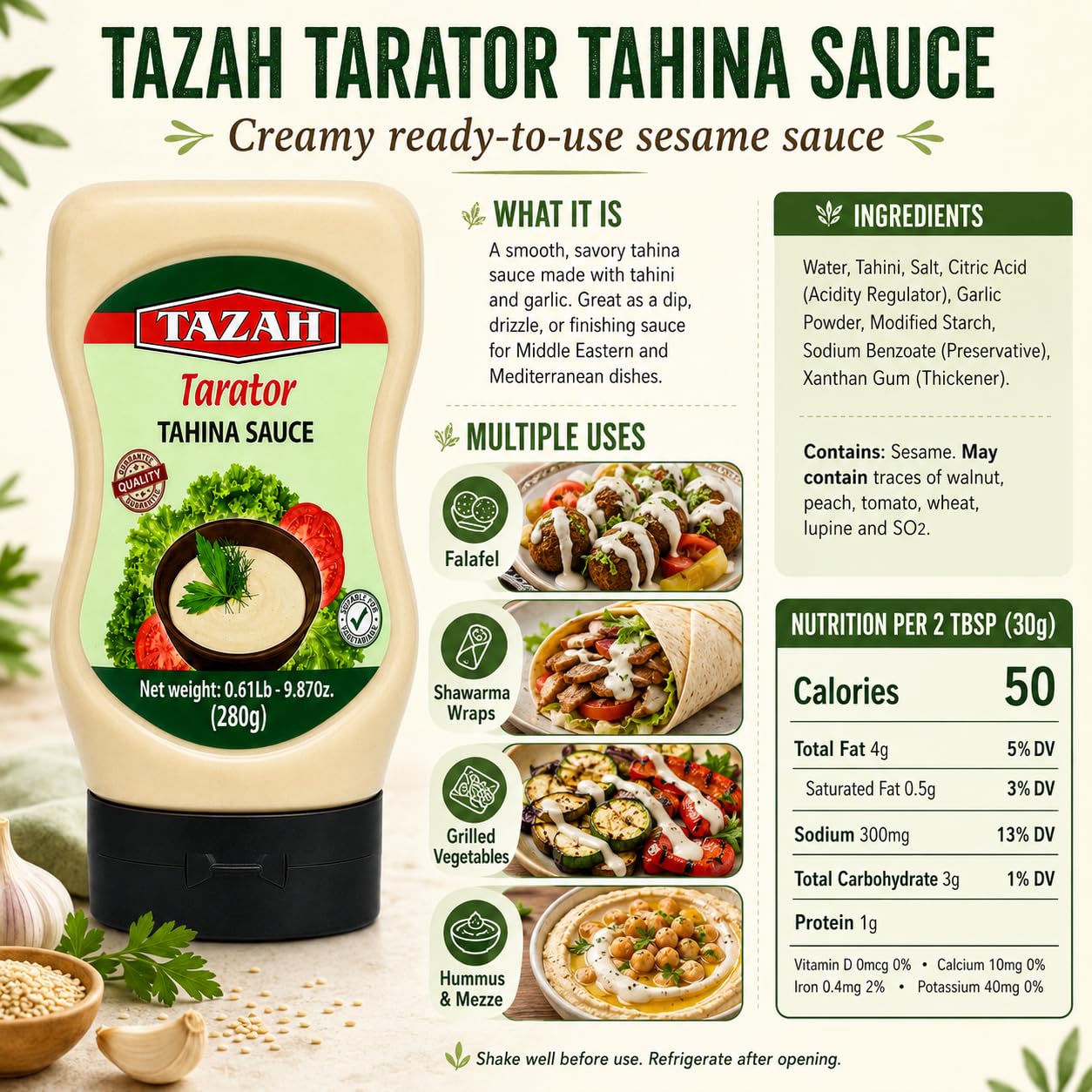 TAZAH Lebanese Tahini Sauce, 9.87 OZ Squeezable Bottle, Tarator Sesame Dressing & Dip for Shawarma, Falafel, Fish, Vegetables