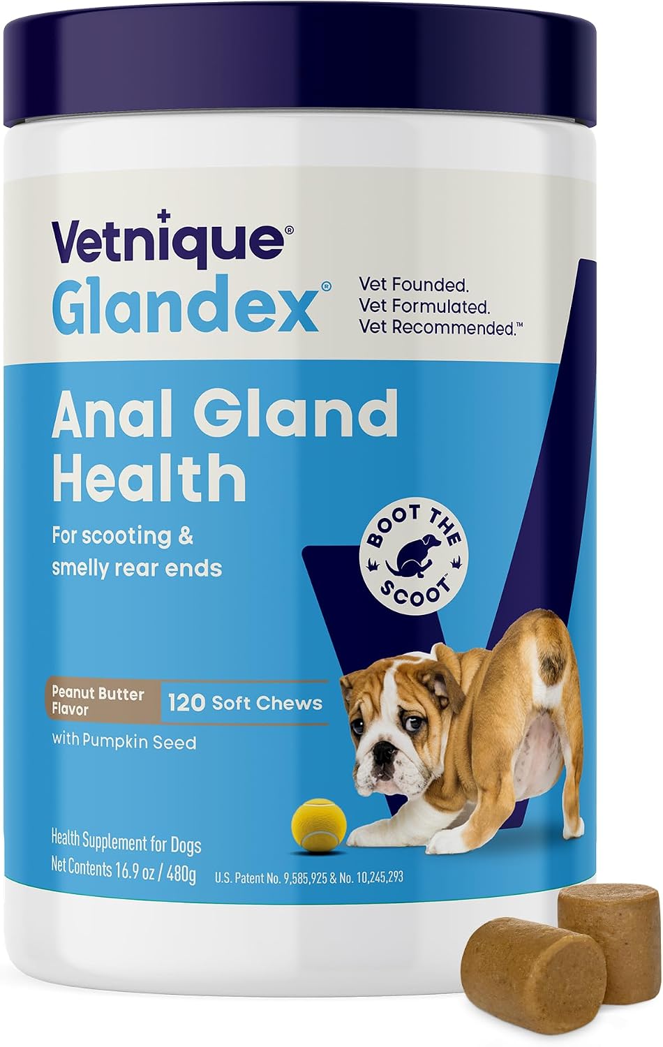 Vetnique Glandex for Dogs Anal Gland Chews 30ct, Pumpkin, Digestive Enzymes | Anal Gland Dog Treats, Boot the Scoot + Fishy Odor Support, Fiber, Probiotics, Quercetin + Apple Pectin, Peanut Butter
