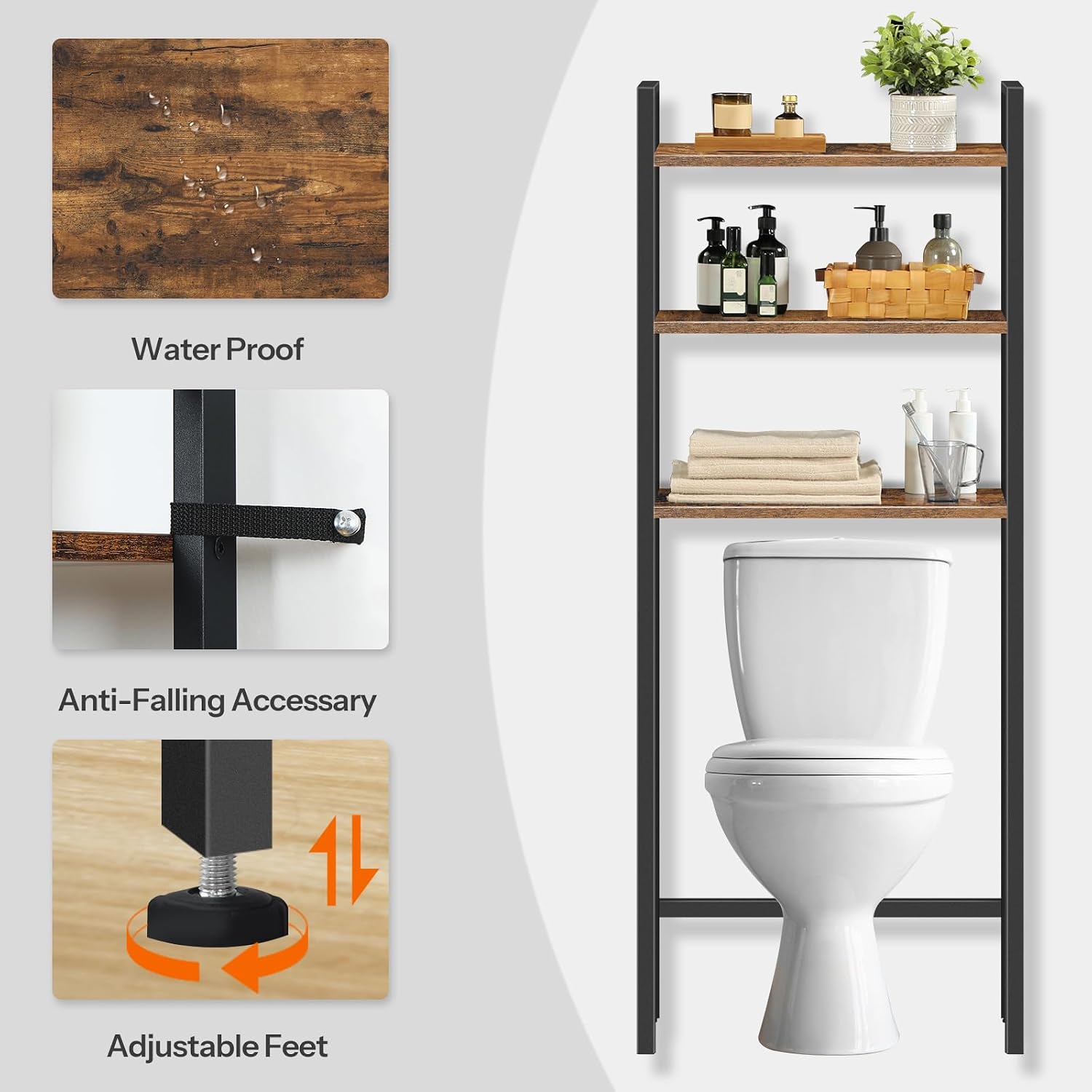 HOOBRO Over The Toilet Storage, 3-Tier Bathroom Organizer Shelf Over Toilet, Freestanding Bathroom Storage Shelves, Space Saver