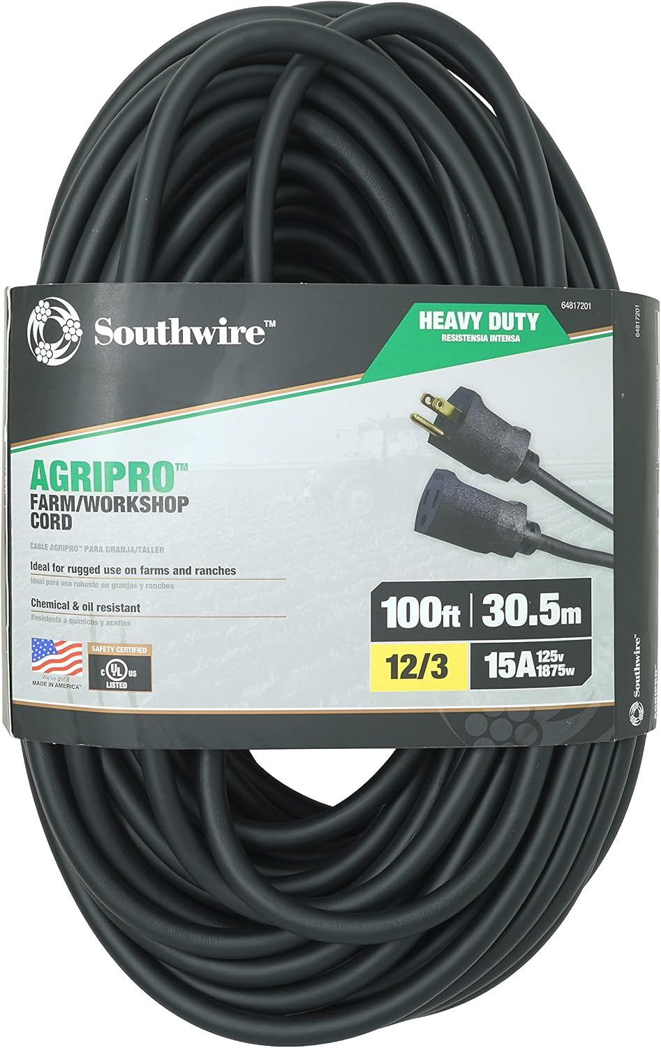 Southwire AGRIPRO 12/3 Heavy Duty Extension Cord, 25ft, Farm/Workshop Cord, SJTOW, Black, 67729001