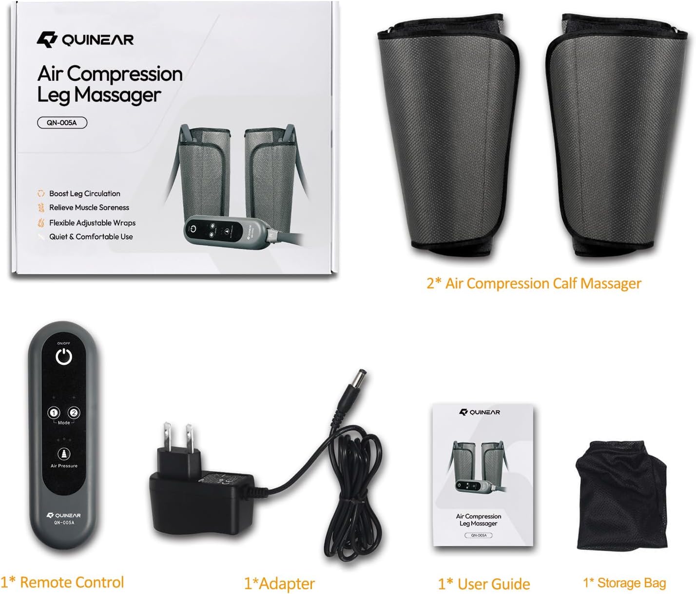 QUINEAR Air Compression Leg Massager for Circulation & Pain Relief, Calf Massagers with 2 Modes & 3 Intensities