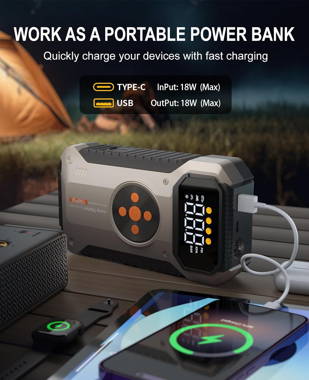 Car Battery Charger Jump Starter with Air Compressor, 4500A Jump Box for Car Battery Portable Jumper Cables with Battery Pack, 12V Jumpstart Combo 150PSI Tire Inflator Air Pump (8.5L Gas/7.0L Diesel)