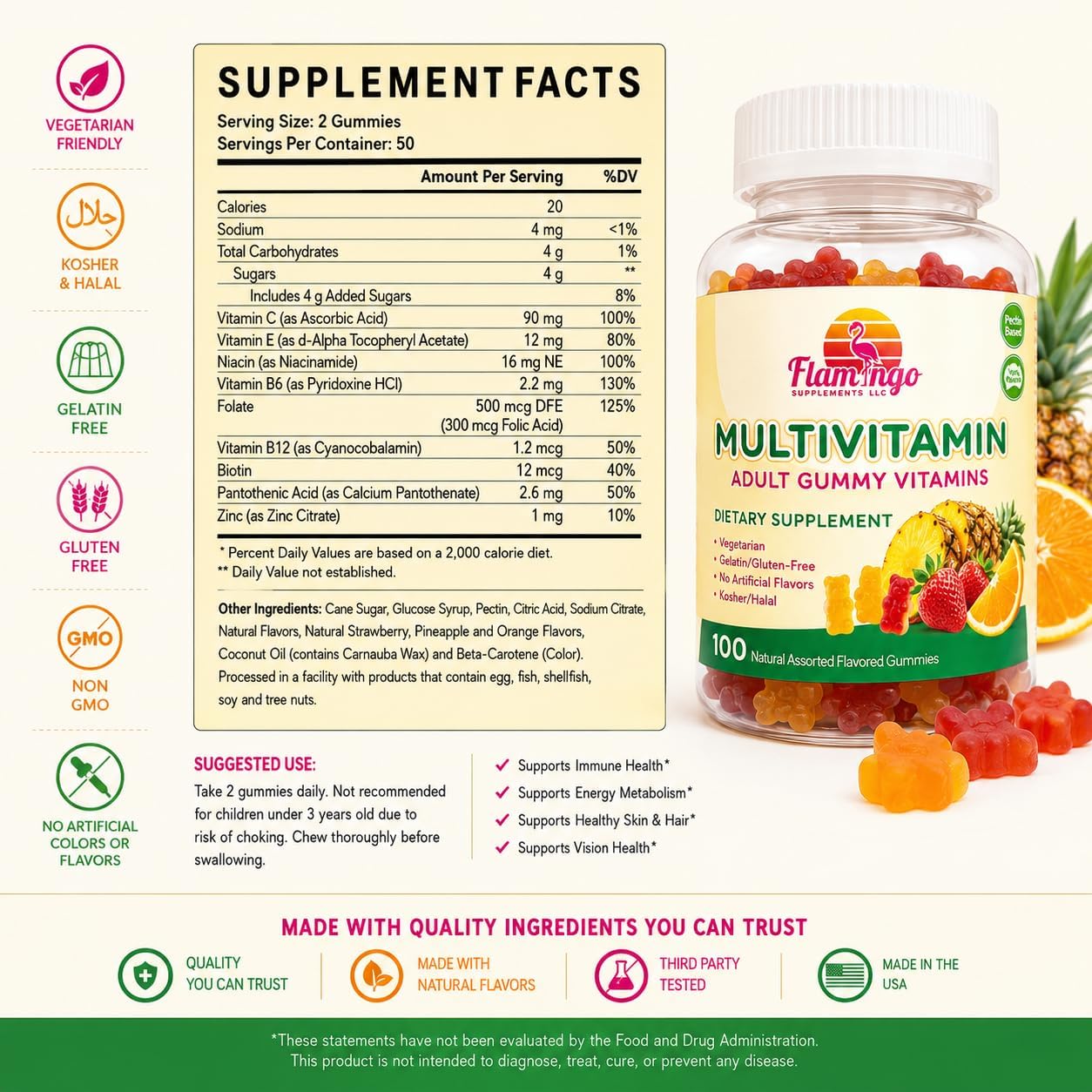 Flamingo Supplements Multivitamin Gummies | Vegan Friendly, Kosher Halal NO Gluten or Gelatin, no GMO| for Men