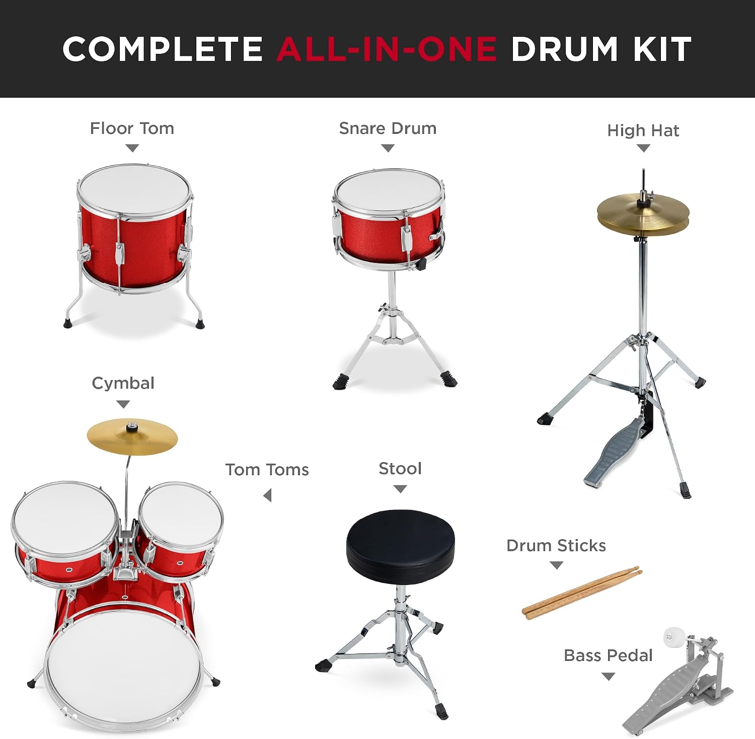 Best Choice Products Kids 5-Piece Beginner Drum Set Junior Kit, Starter Percussion w/Cymbals, Pedal, Drumsticks, Stool, Toms, Snare, Hi Hat - Black