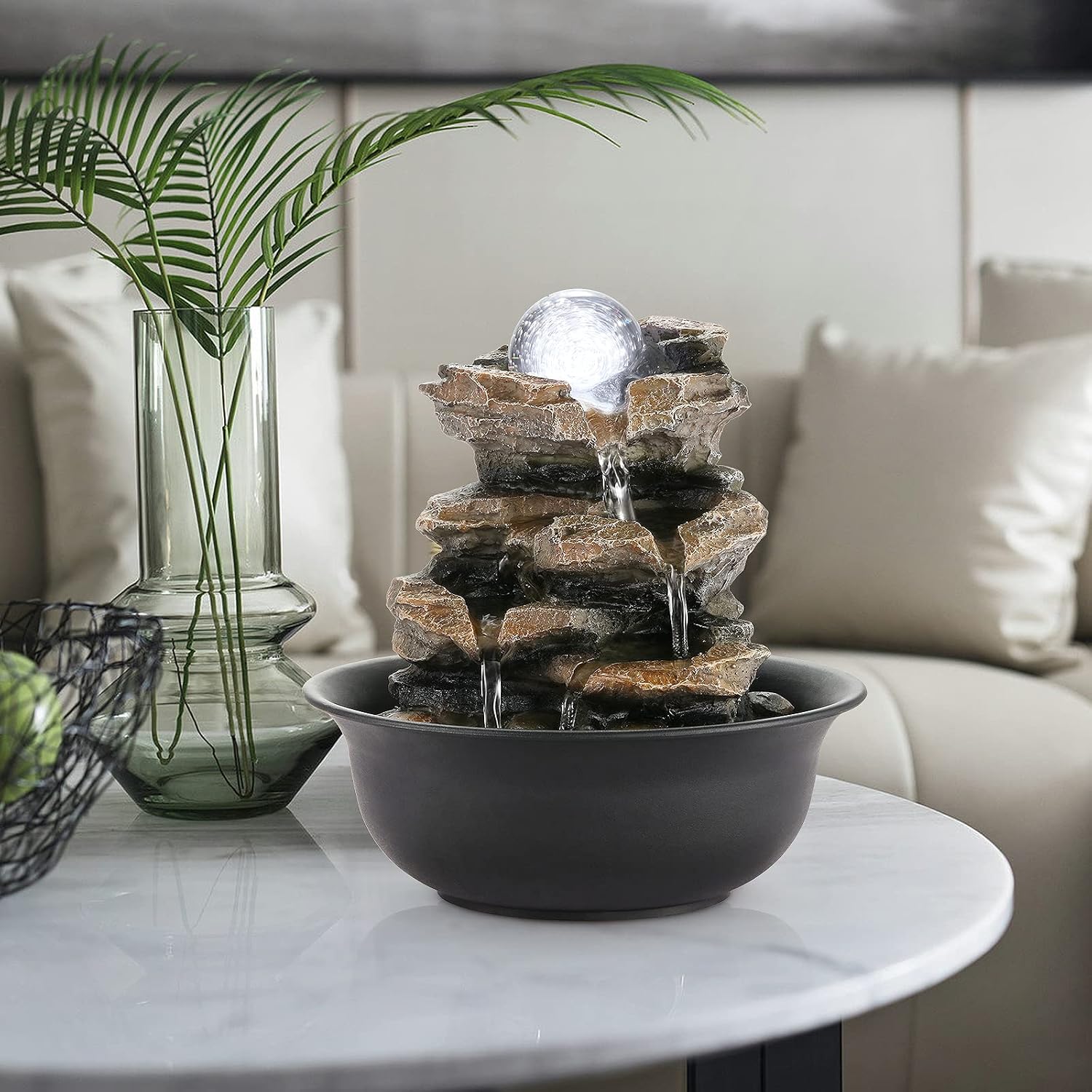 WICHEMI Indoor Water Fountain Tabletop Fountain Stacked Rock with LED Light | Relaxing Water Feature, Meditation Fountain, Soothing Sound, Stress Relief, For Home Office Bedroom Decor, 7.8"x7.8"x7.9"