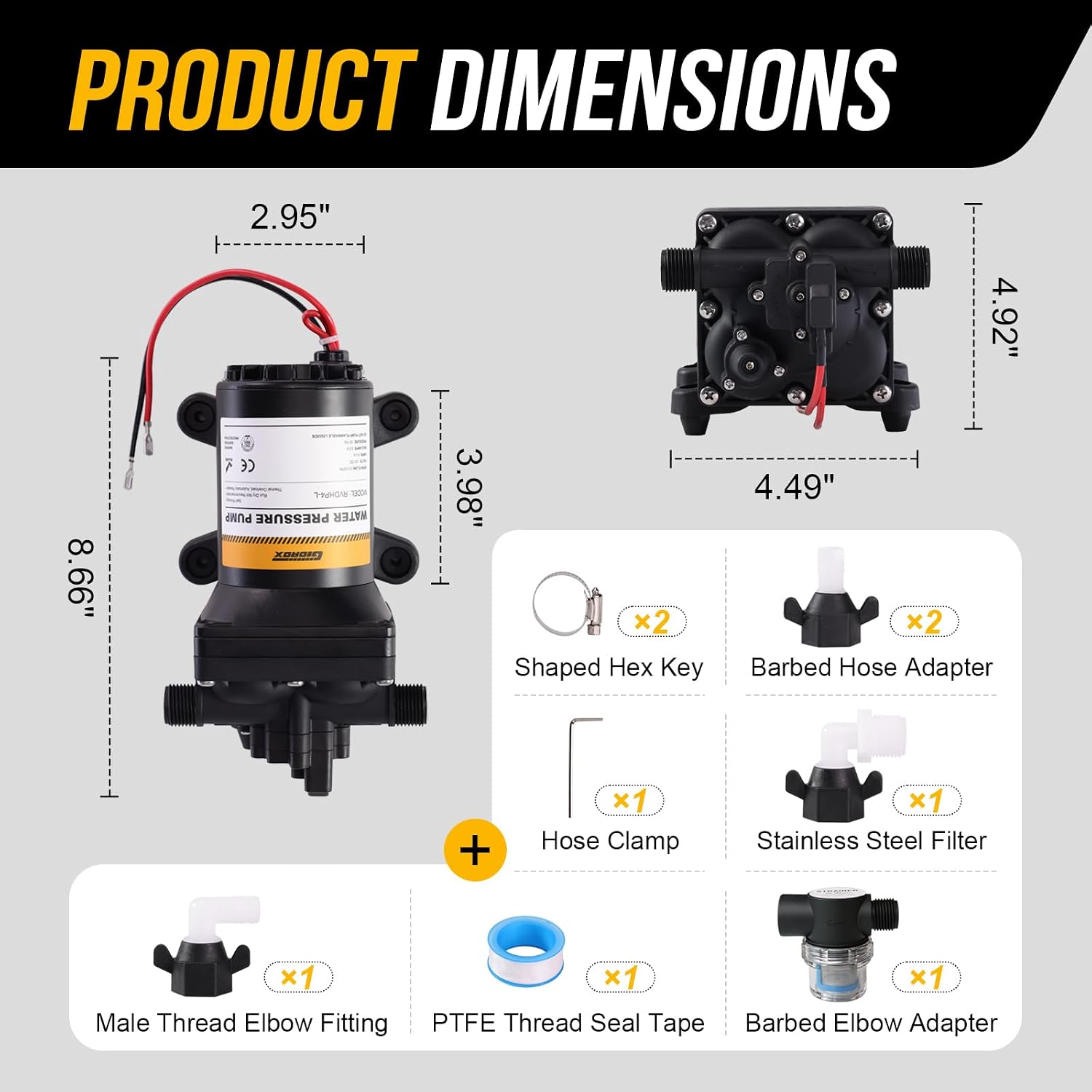 12V RV Water Pump, 5.0 GPM 55 PSI Diaphragm Pump, 20Volt Quiet Fresh Water Pump with Pressure Switch, Self Priming Pressure Pumps for RV Camper Boat Marine Food Truck, Dark Grey