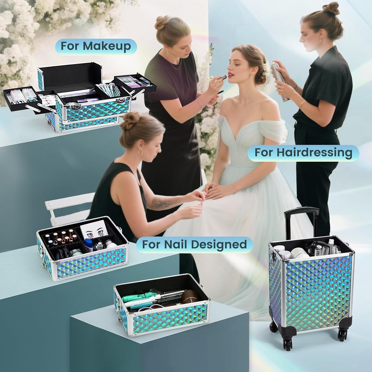 Stagiant Rolling Makeup Case Cosmetology Case on Wheels 4 in 1 Large Cosmetic Organizer Train Case Makeup Travel Case with Key Swivel Wheels Nail