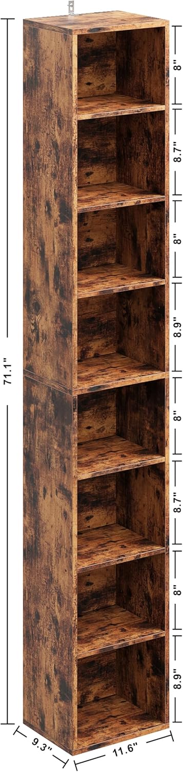 IRONCK Tall Narrow Bookshelf 8 Tiers, Compact Corner Bookcase, Floor Standing Display Storage Shelves 71 in Tall, Easy to Match for Living Room, Office, Study, Bedroom