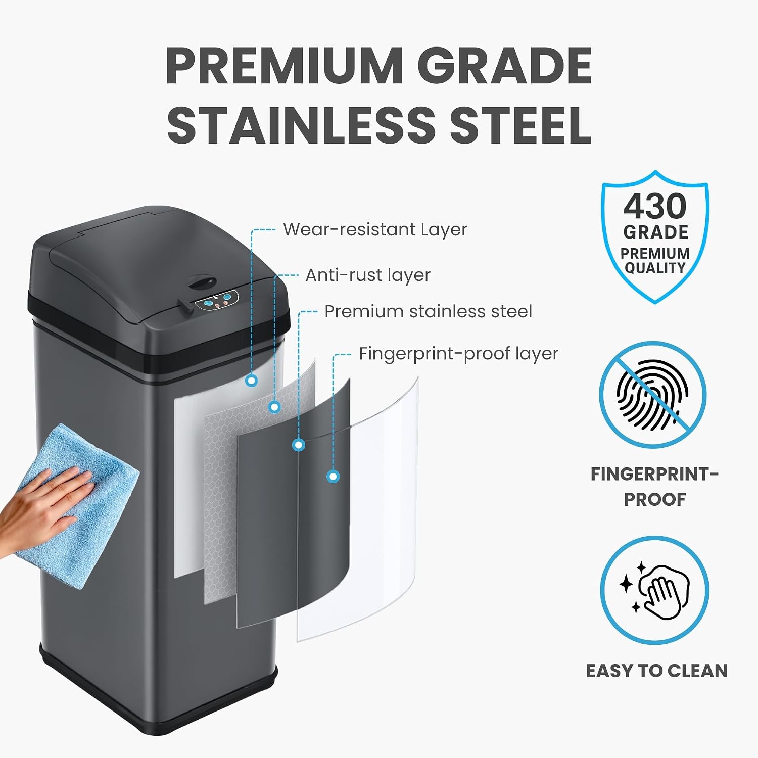 iTouchless 50 Liter / 13 Gallon Kitchen Trash Can with Lid & Deodorizer – Motion Sensor Semi-Round Stainless Steel Garbage Bin for Home, Office, or Garage – Slim, Wide Opening Large Capacity Design