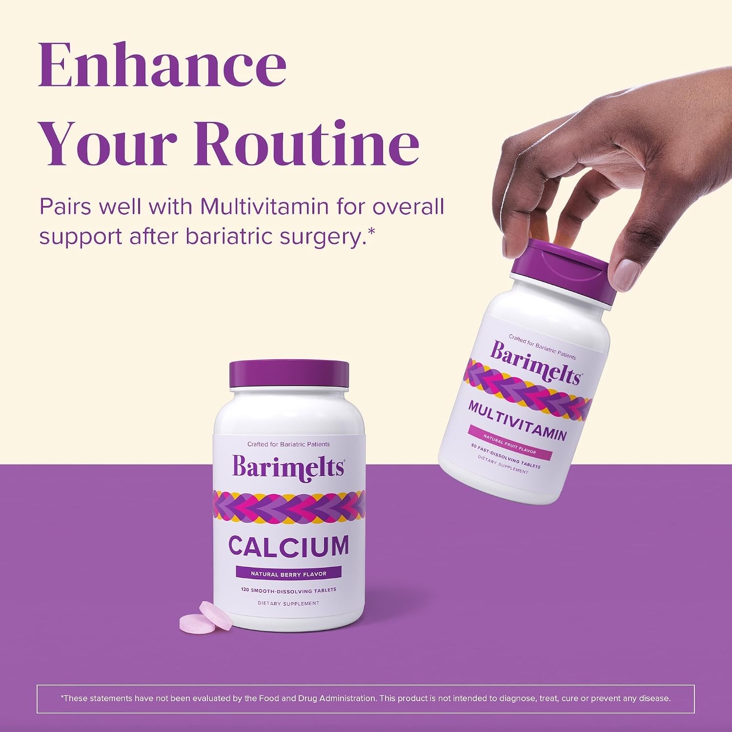 BariMelts Calcium Citrate with Vitamin D3 & Magnesium, 120 Smooth-Dissolving Tablets (1-Month Supply), Bariatric Calcium Supplements for Women, Natural Berry Flavor​