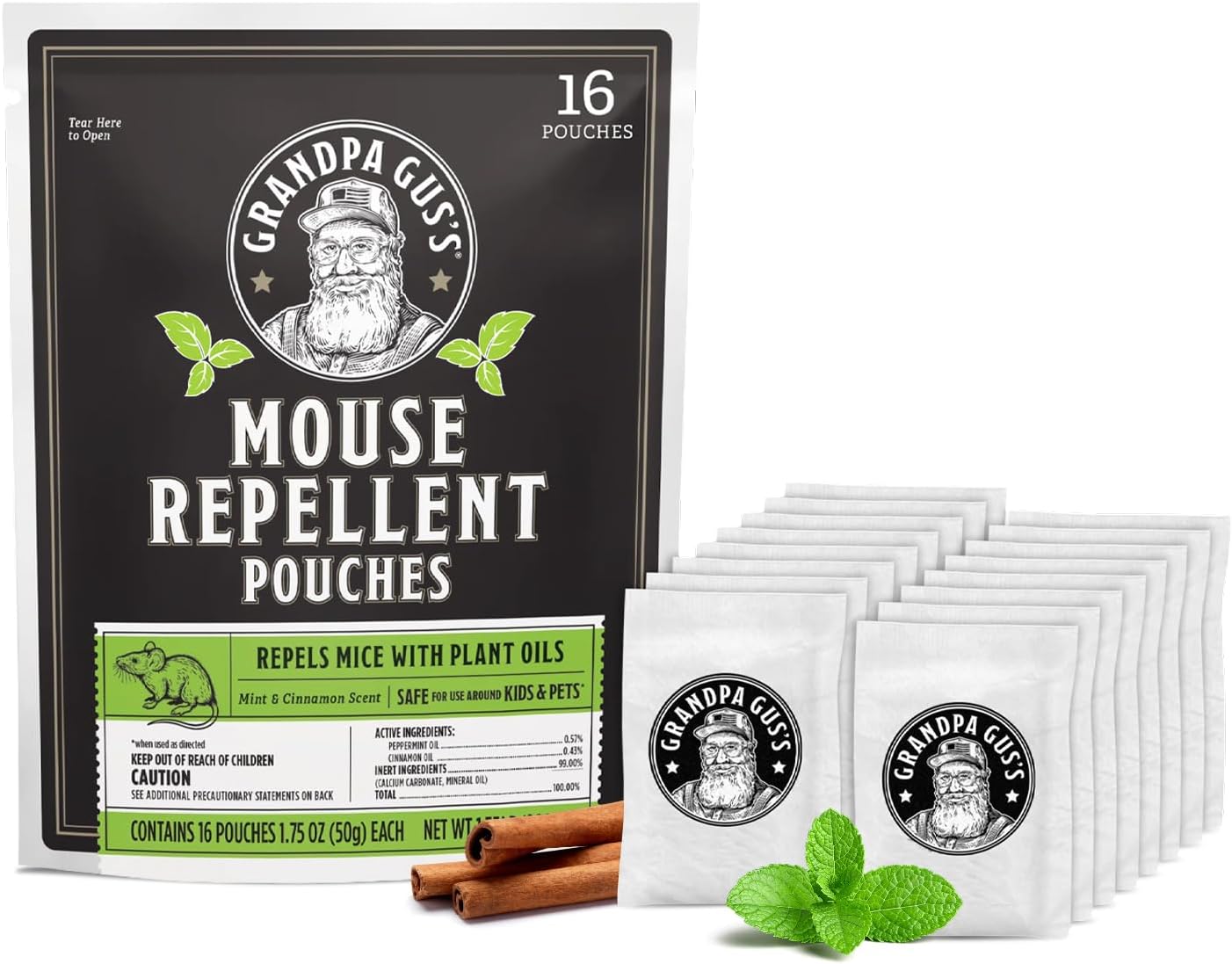 Grandpa Gus's Mouse Repellent Pouches, Natural Peppermint Oil, 4 Pouches | Cinnamon & Peppermint Oil Helps Repel Mice from Nesting in Home/Cabin/Boat/Car Storage/RV/Machinery/Shed, Kid & Pet Safe