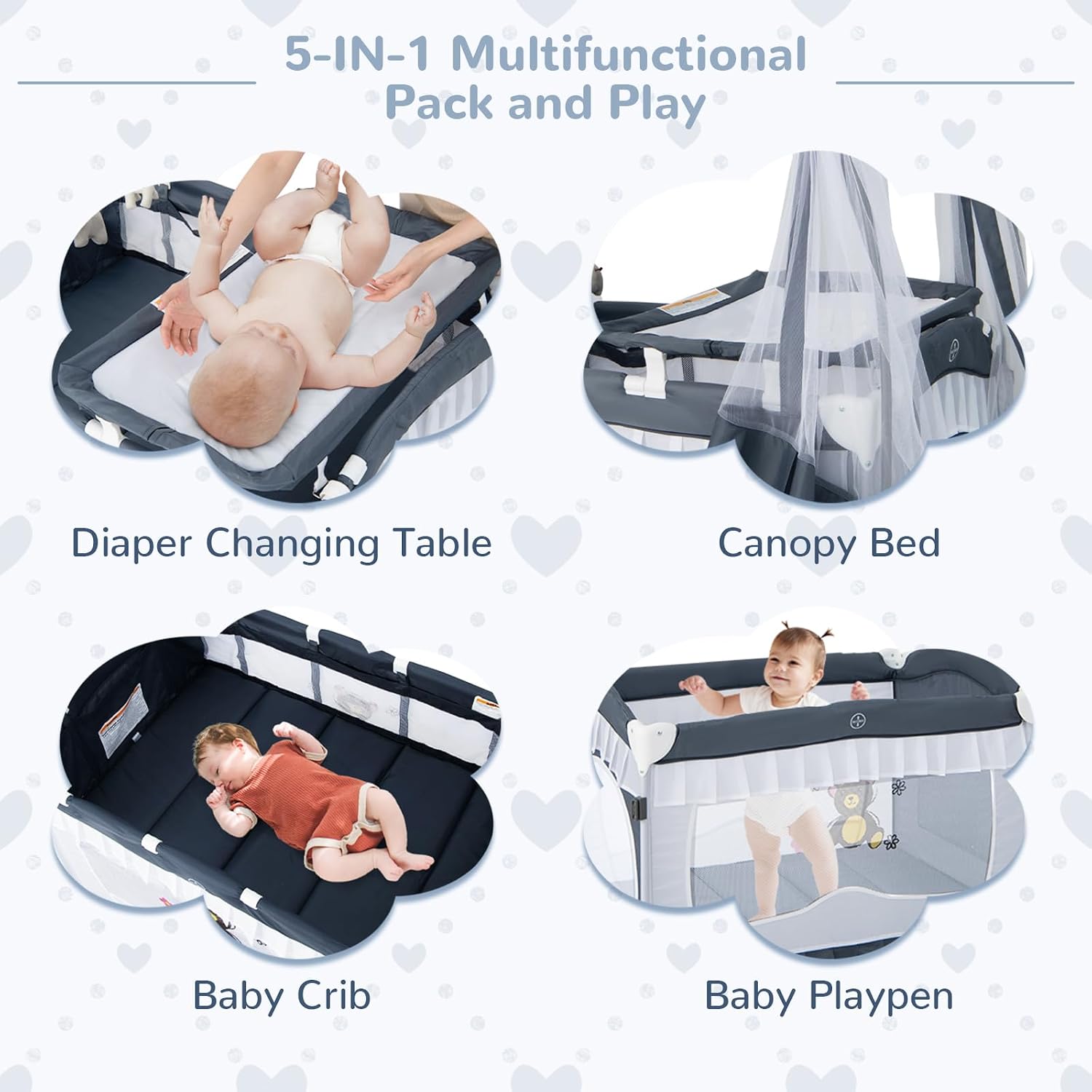 HONEY JOY 4-in-1 Pack and Play with Canopy, Portable Baby Playard w/Changing Table and Infant Bassinet Cute Toys & Music