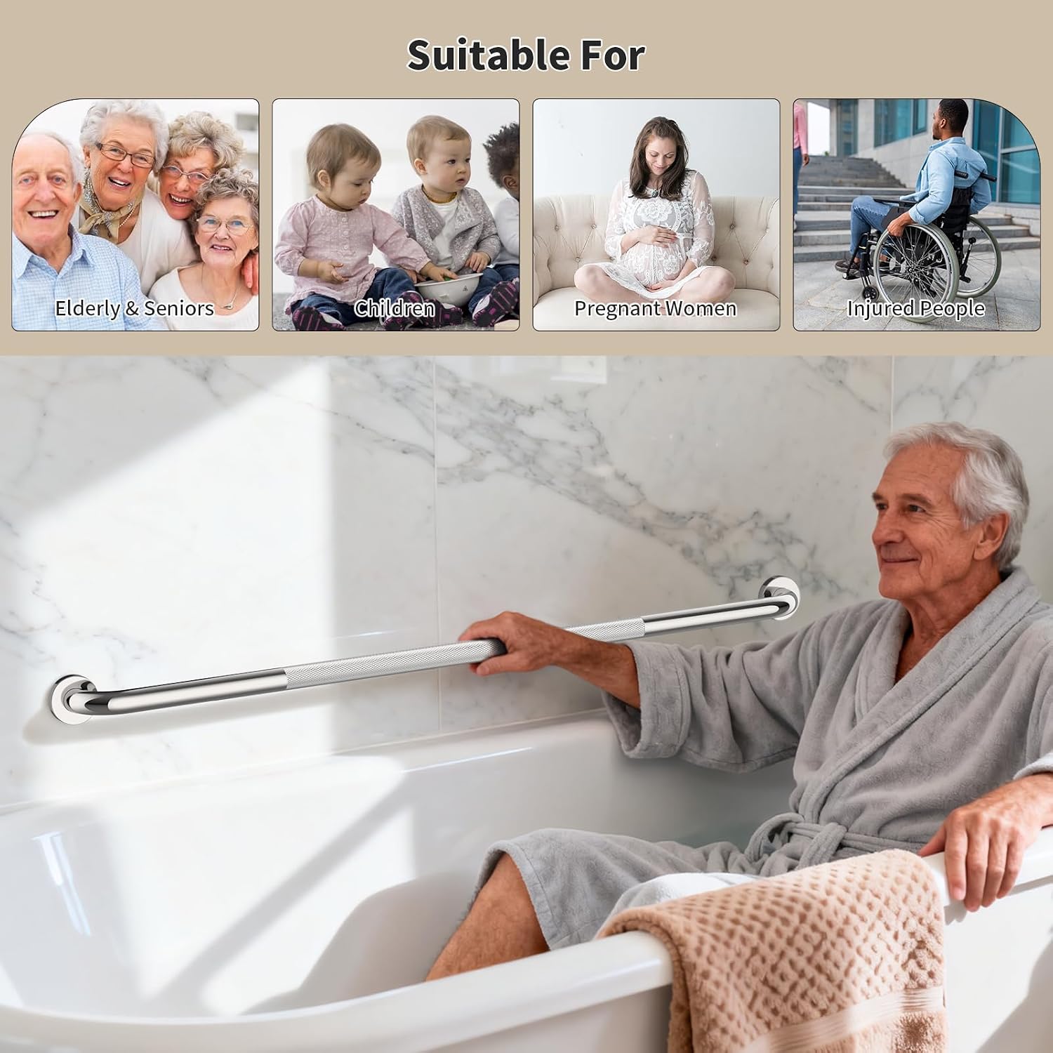 40 Inch Brushed Nickel Shower Grab Bar Anti-Slip Knurled Grip,Safety Handle | YuanDe 1.25" Diameter Stainless Steel Bathroom Grab Bars, Handicap Injury Elderly Senior Assist Support Shower Handle-2Packs