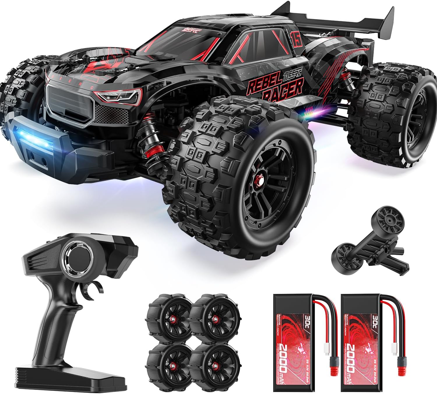 DEERC Fast Brushless RC Car for Adults, 1/14 4WD Off-Road Remote Control Car Truck, 46+ MPH Waterproof All Terrain RC Truggy with 2X 3S LiPo Batteries