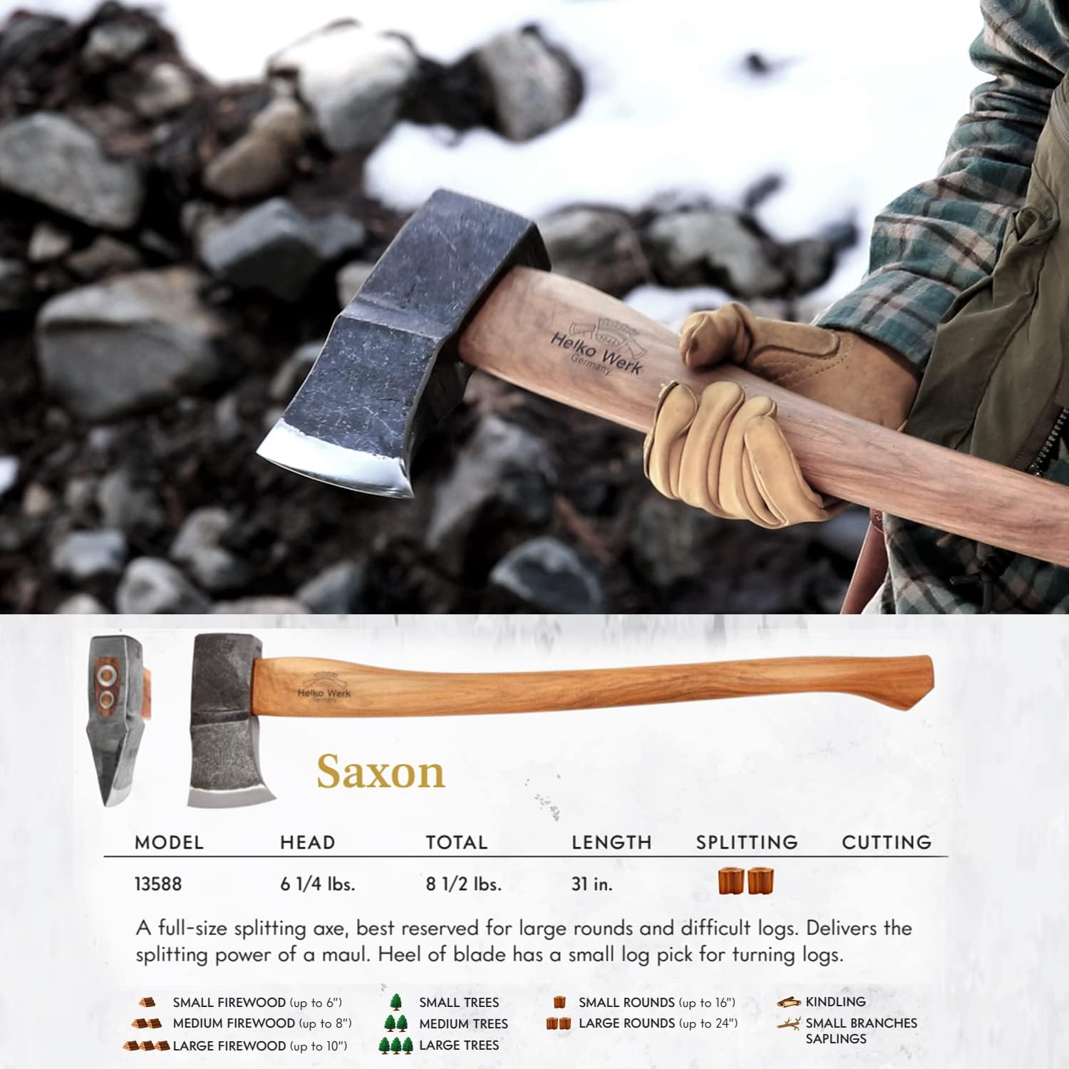 1844 Helko Werk Germany Traditional Hessen Woodworker Felling Axe (13563) | Made in Germany Hand Forged Felling Axe and Cutting Forest Axe for Felling Trees Head 2-3/4 lbs, Handle 28 inches