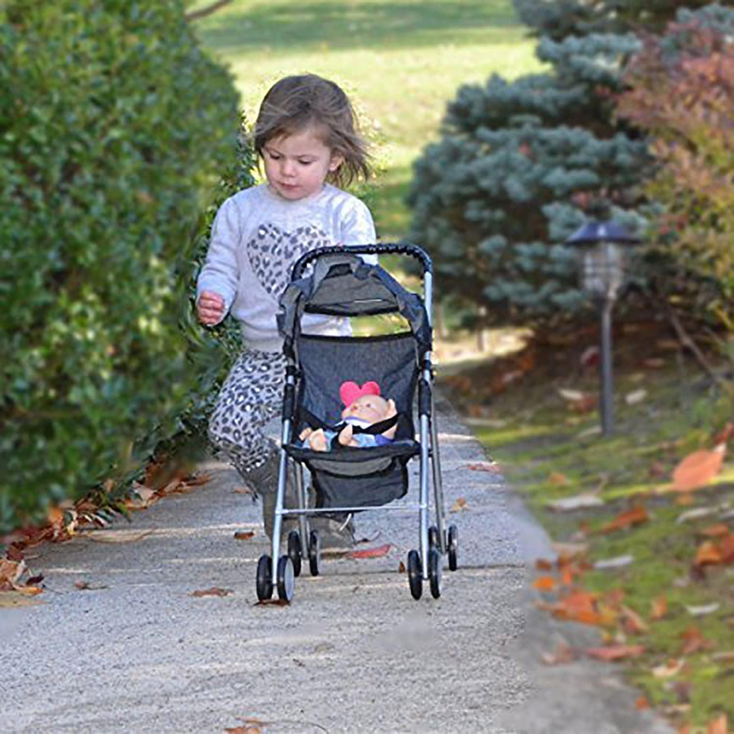 The New York Doll Collection My First Doll Stroller with Basket & Heart Design Foldable Doll Stroller, Pink