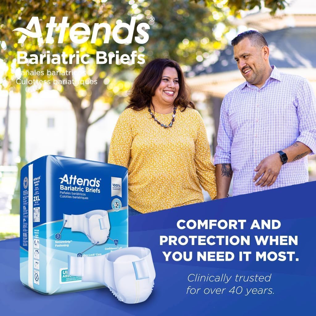 Attends Bariatric Incontinence Disposable Briefs, XX-Large, 63"-70" Waist with Tab Closures, Ultimate Absorbency, Dry-Lock Containment Core and ConfidenceCuff Leakage Protection, 2XL 48ct Case