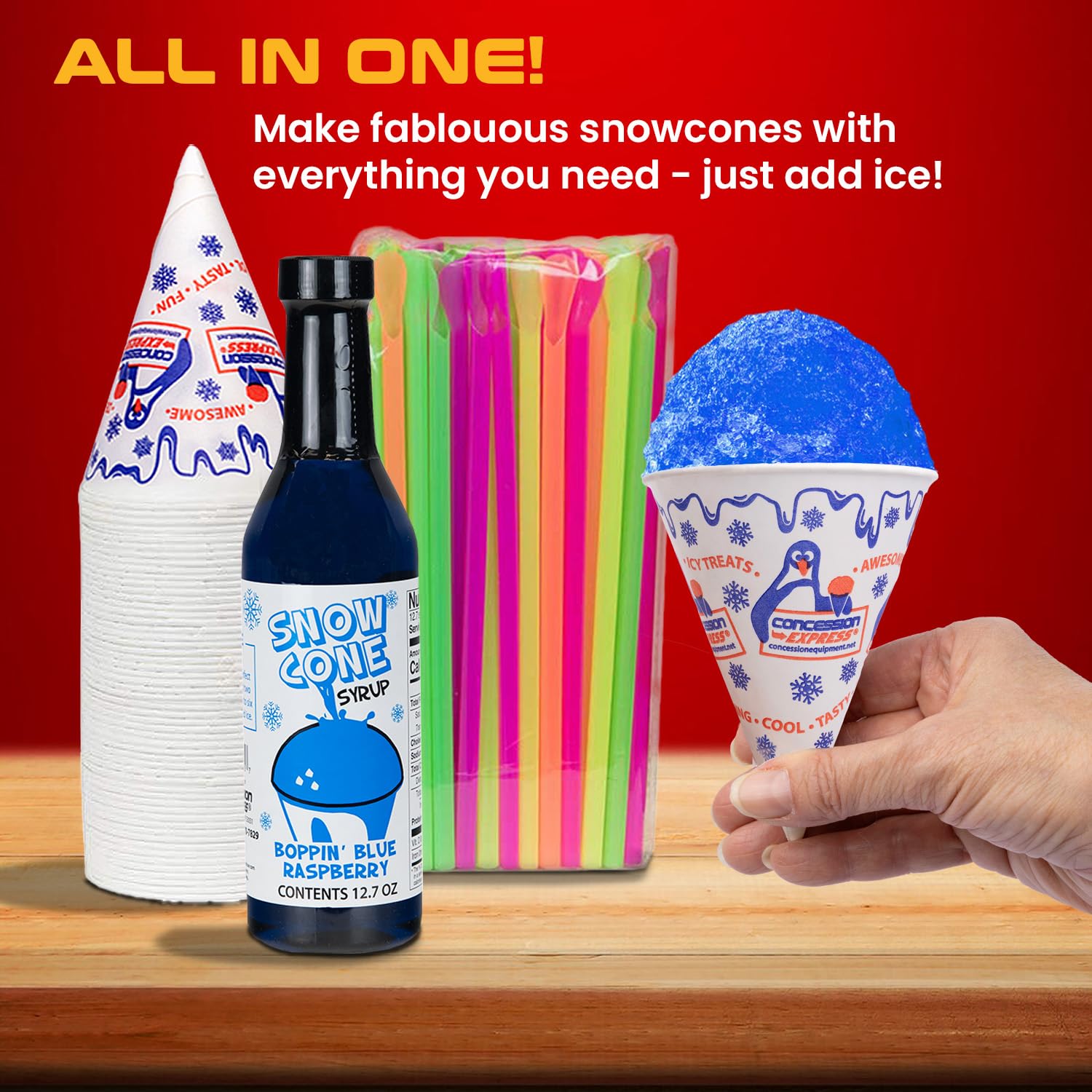 12.7oz Snow Cone Syrups (6 Pack w/Cups and Straws)