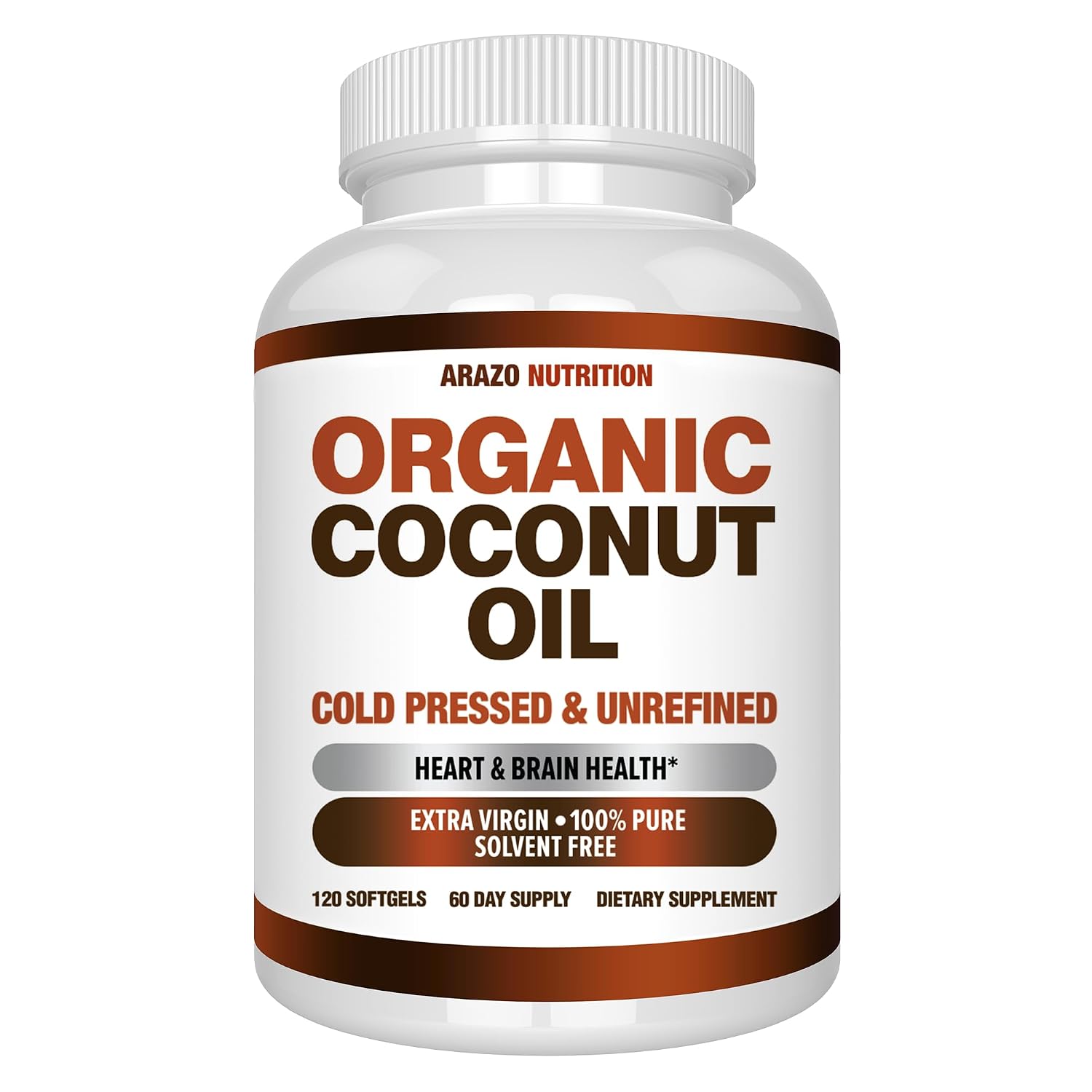 Arazo Nutrition Organic Coconut Oil 2000 MG Per Serving - 100% Extra Virgin Unrefined Cold Pressed for Weight Support, Skin, Hair, Nails - 120 Softgel Capsules