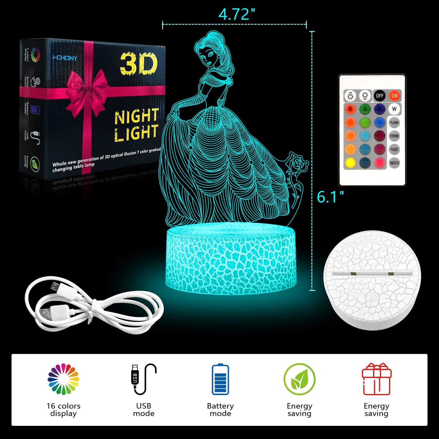 i-CHONY Dinosaur Toy T-Rex 3D Night Light for Kids, 16 Colors Dimmable Dinosaur Led Light with Remote & Smart Touch