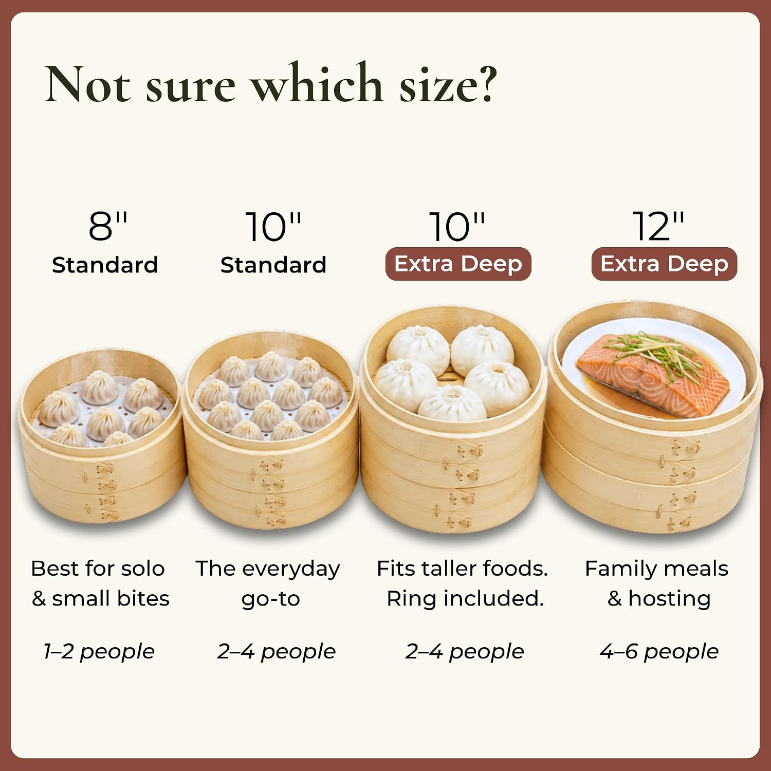 HAPPI STUDIO Bamboo Steamer Basket 10 Inch, Extra Deep Dumpling Steamer Set