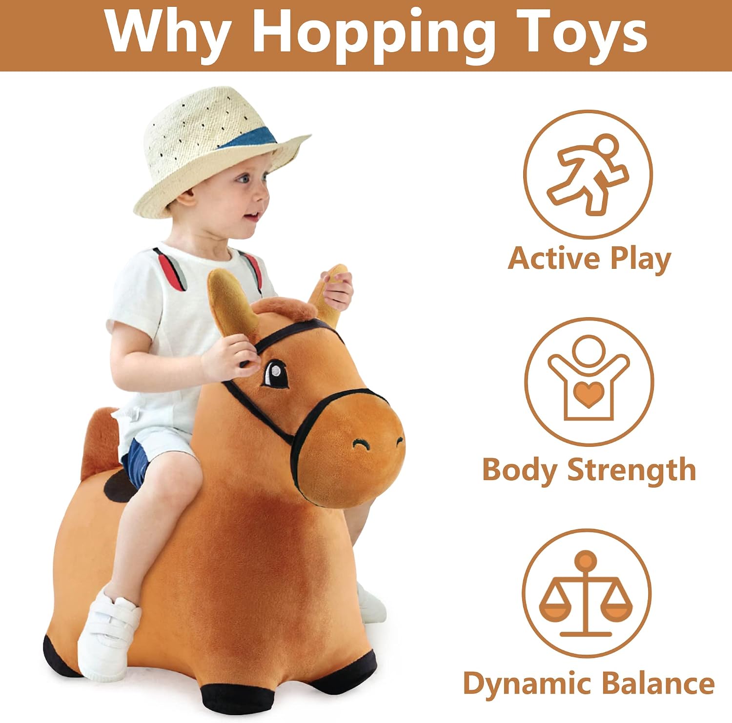 Bouncy Pals Toddler Horse Hopper Toy, Kids Outdoor Ride Bounce Farm Animal | Inflatable Bouncing Hopping Toy, Indoor Baby Plush Bouncer Horse, Birthday Gift for 18 Month 2 3 4 Year Old Child Boys Girls