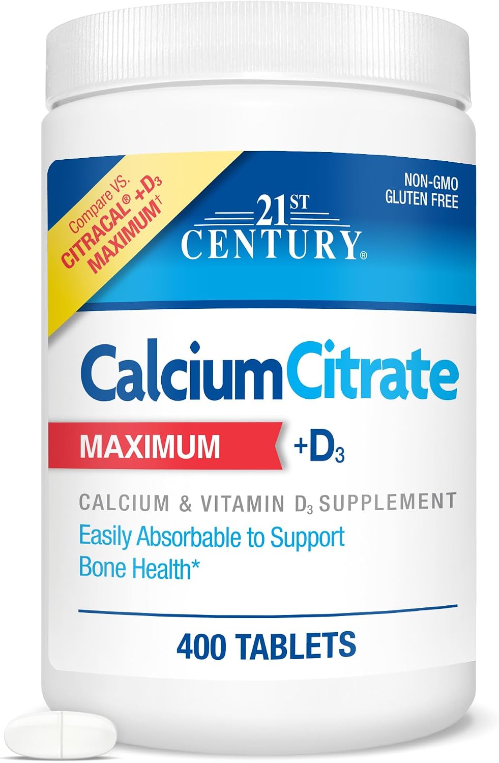 21st Century Calcium Citrate Plus D3 Maximum - 630 mg Calcium, Bone Health Support, Easily Absorbable, Gluten Free, Non-GMO, Compare to Citracal +D3, 400 Tablets