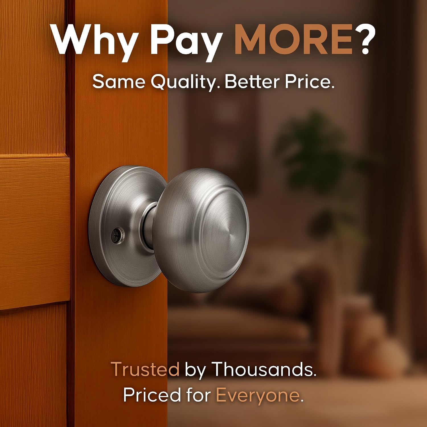 Copper Creek Colonial Privacy Interior Door Knob – ANSI Grade-3 Certified, Modern Heavy Duty Handle, Easy Install and Reversible for Bedroom, Bathroom and Closets – Satin Stainless (1 Pack)