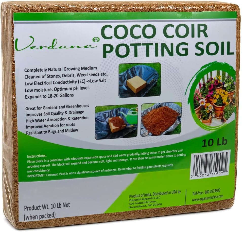Verdana Coco Coir Potting Soil Brick - 10 lb Compressed Coconut Coir Block, Expands to 72 Quarts / 18 Gallons, Peat Moss Alternative for Seed Starting