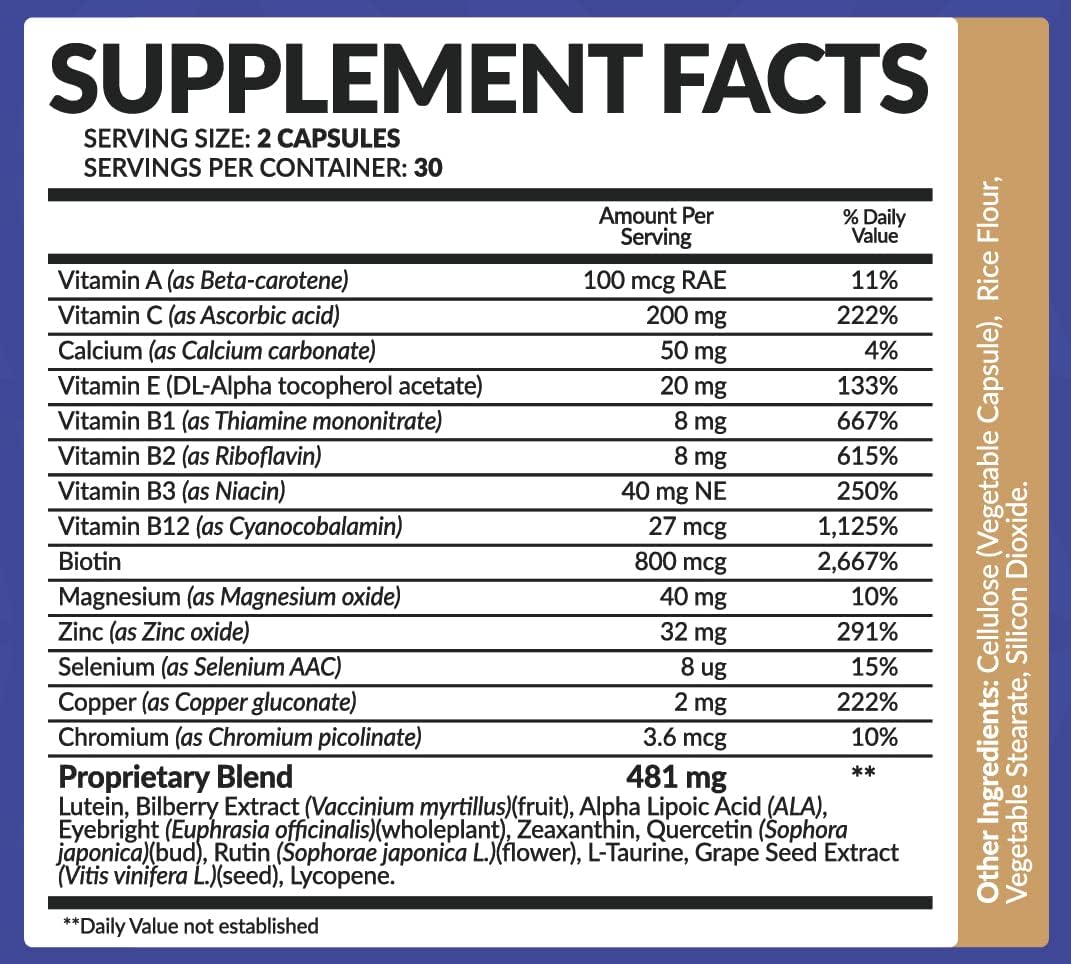 Eye Vitamin Supplement with Lutein, Zeaxanthin, Lycopene, Bilberry