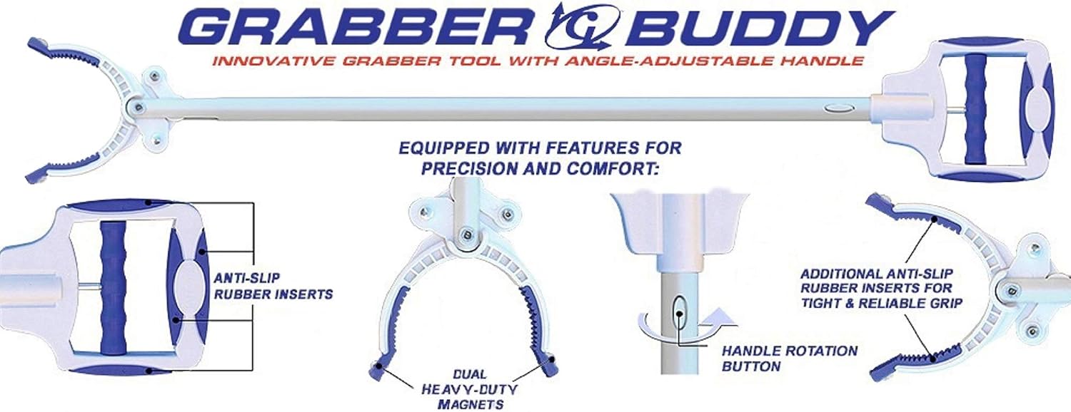 Grabber Buddy Reacher with Dual Powerful Magnets, Ergonomic Angle Adjustable Handle & Rubber Grip Tips Pick Up Tool 36" - 2 Pack