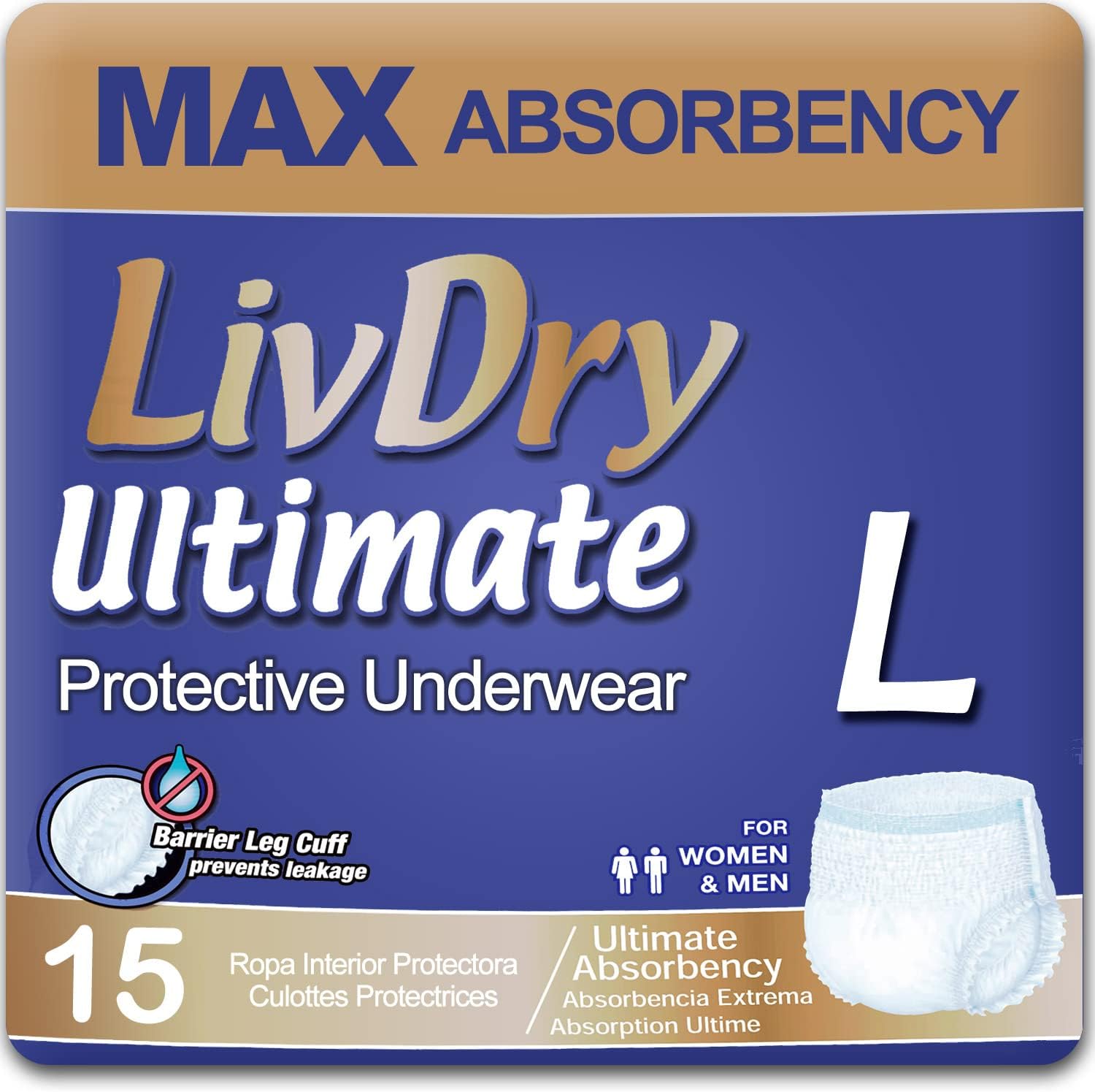 LivDry Ultimate XL Adult Incontinence Underwear, High Absorbency, Leak Cuff Protection, X-Large, 48-Pack